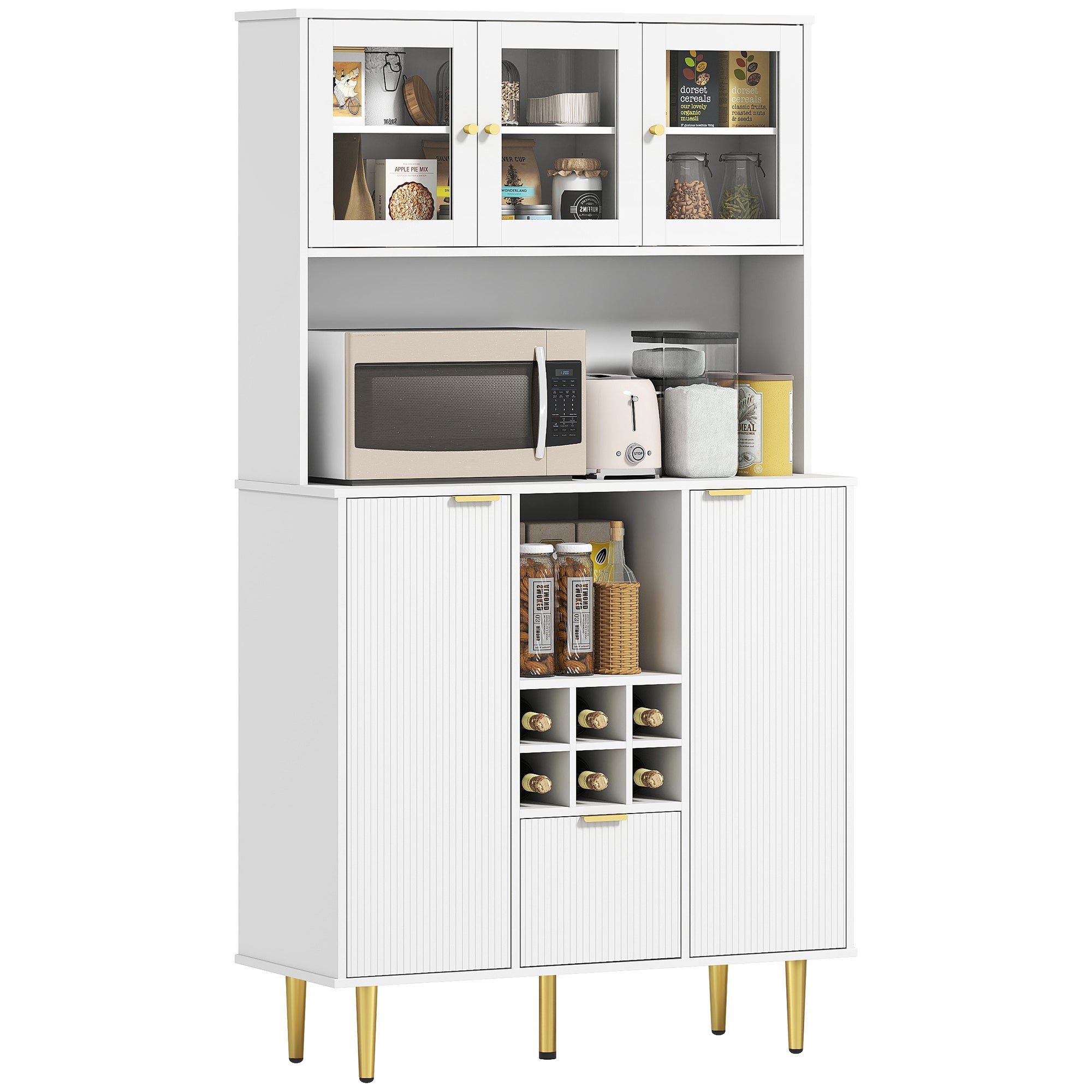 Modern kitchen cabinet with drawers, bottle rack, glass doors and adjustable shelves 100x40x180 cm white