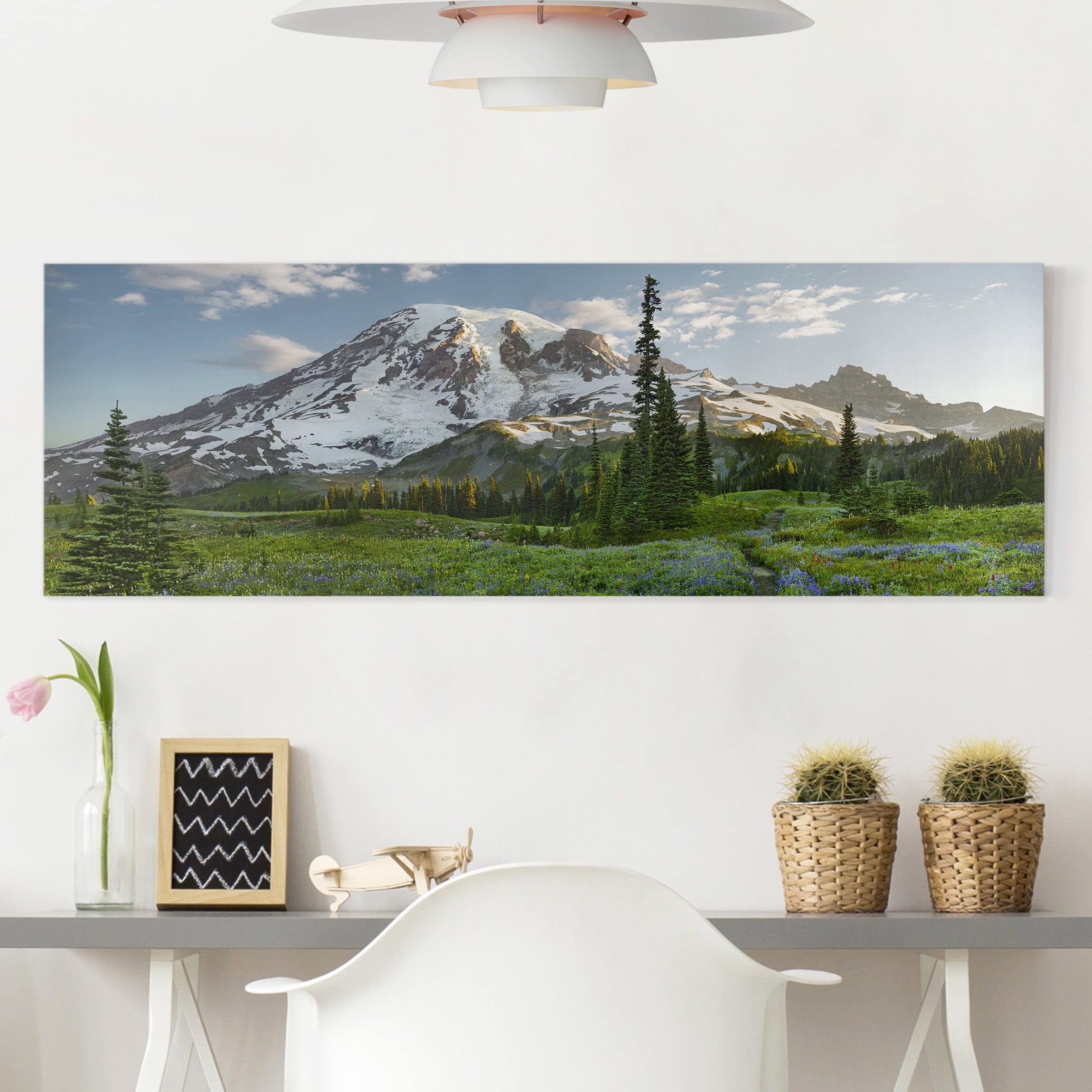 Lienzo cuadro en lienzo bastidor impresion en lienzo verde prado de flores montaña panorama campestre 188 dormitorio salón 120 x 40 cm