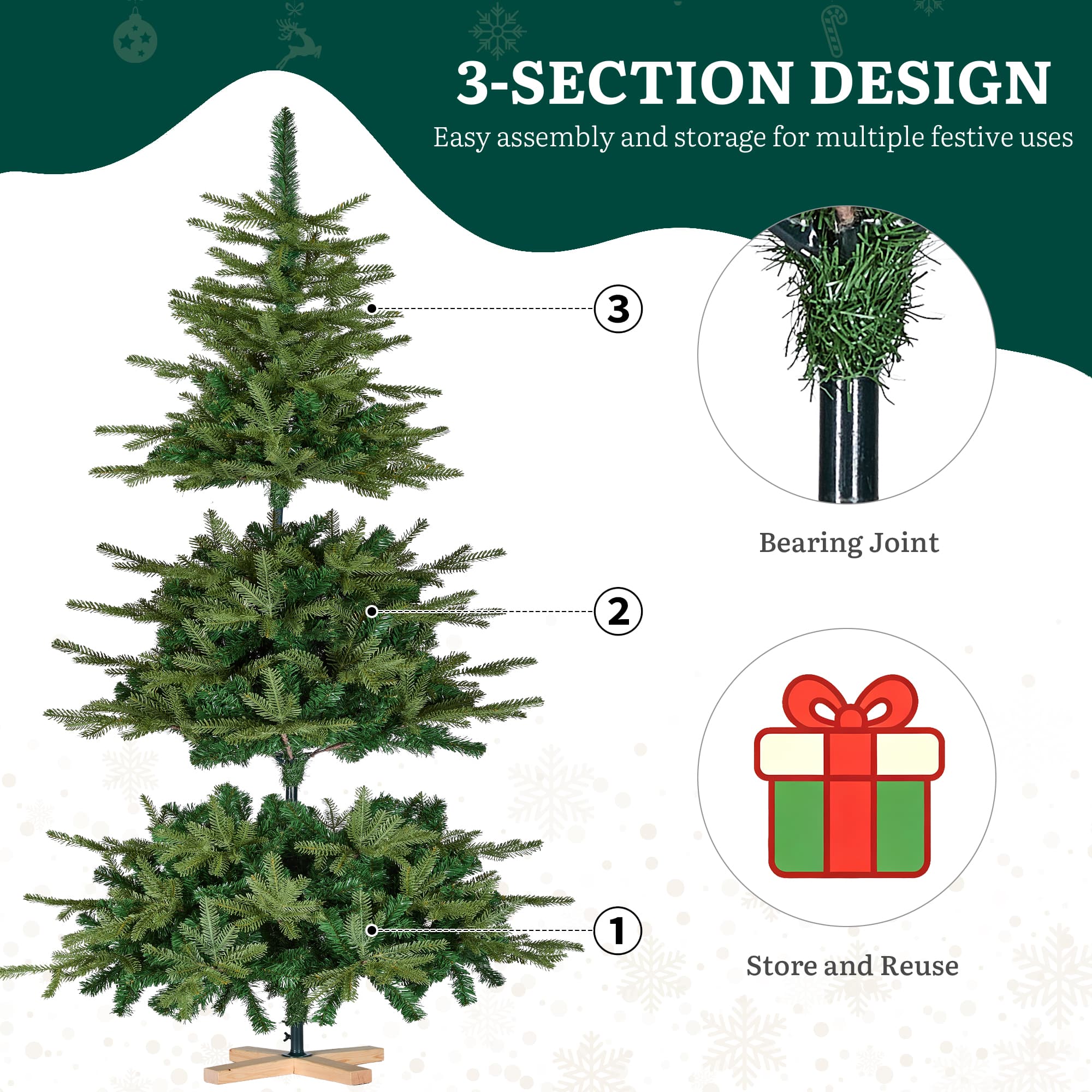 Sapin de Noël artificiel de 210 cm avec support en bois, branches en PE ...