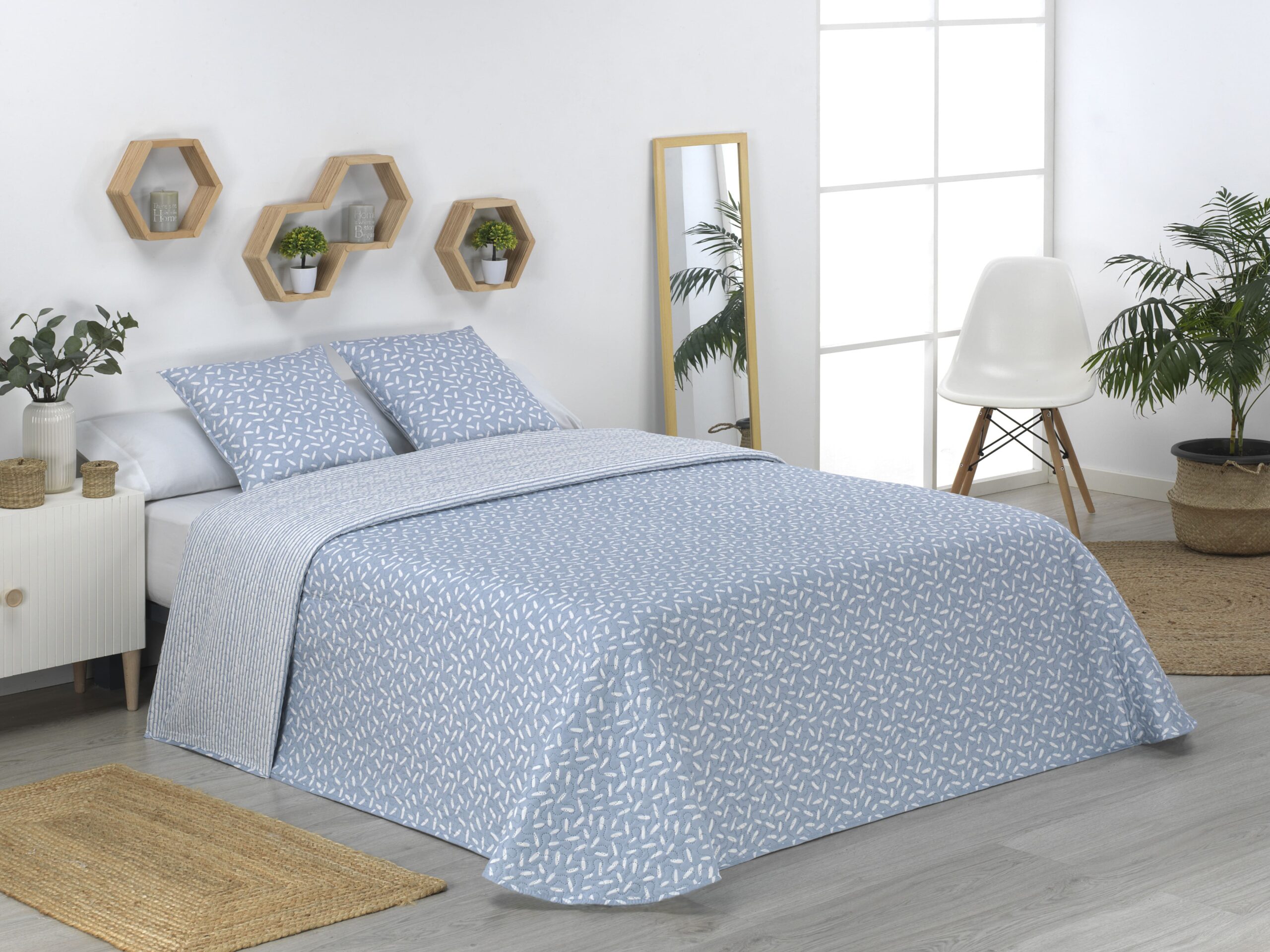 Colcha bouti estampada + fundas cojines évora azul cama de 150cm 250x260cm