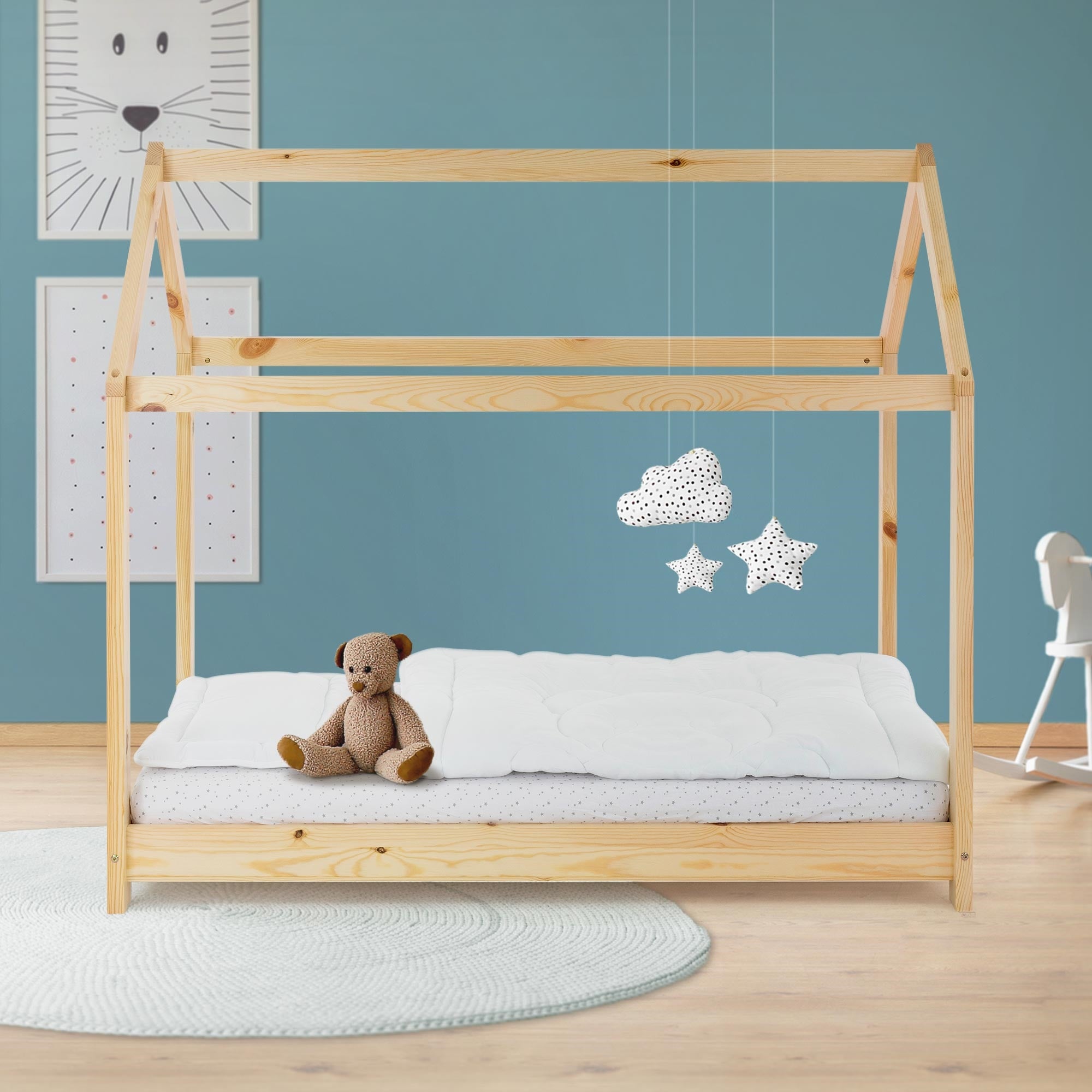 ML-Design łóżko domek 70x140 cm naturalne z dachem i stelażem listwowym z litego drewna sosnowego stabilne łóżko dziecięce dla chłopców i dziewczynek