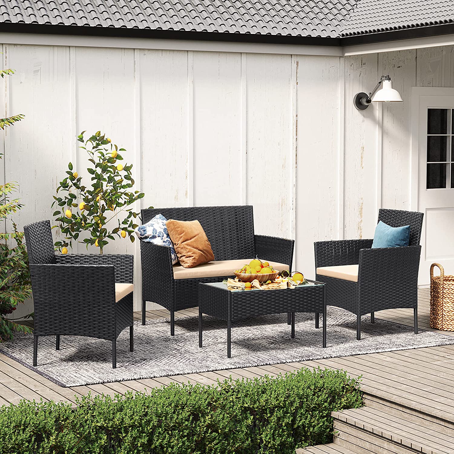 Salon de Jardin Extérieur, Ensemble de Mobilier, Table et Chaises Noir et Taupe - 3
