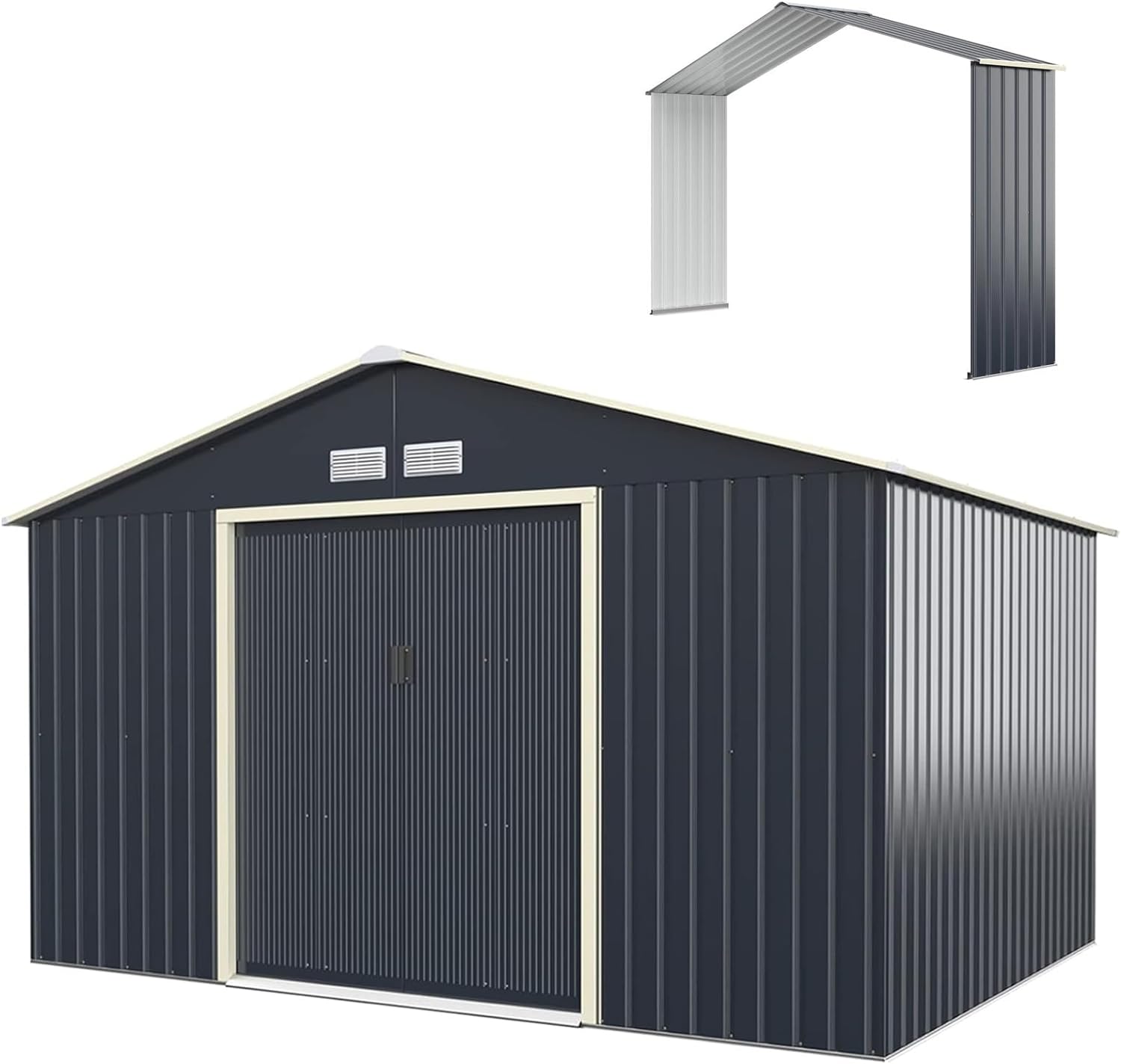 10,85 m² Metalowa Szopa Ogrodowa Ocynkowana z Zestawem do Rozbudowy, 330 x 255 x 210 cm, Ogrodowa Kabina Zewnętrzna z Drzwiami Uchylnymi, Szara