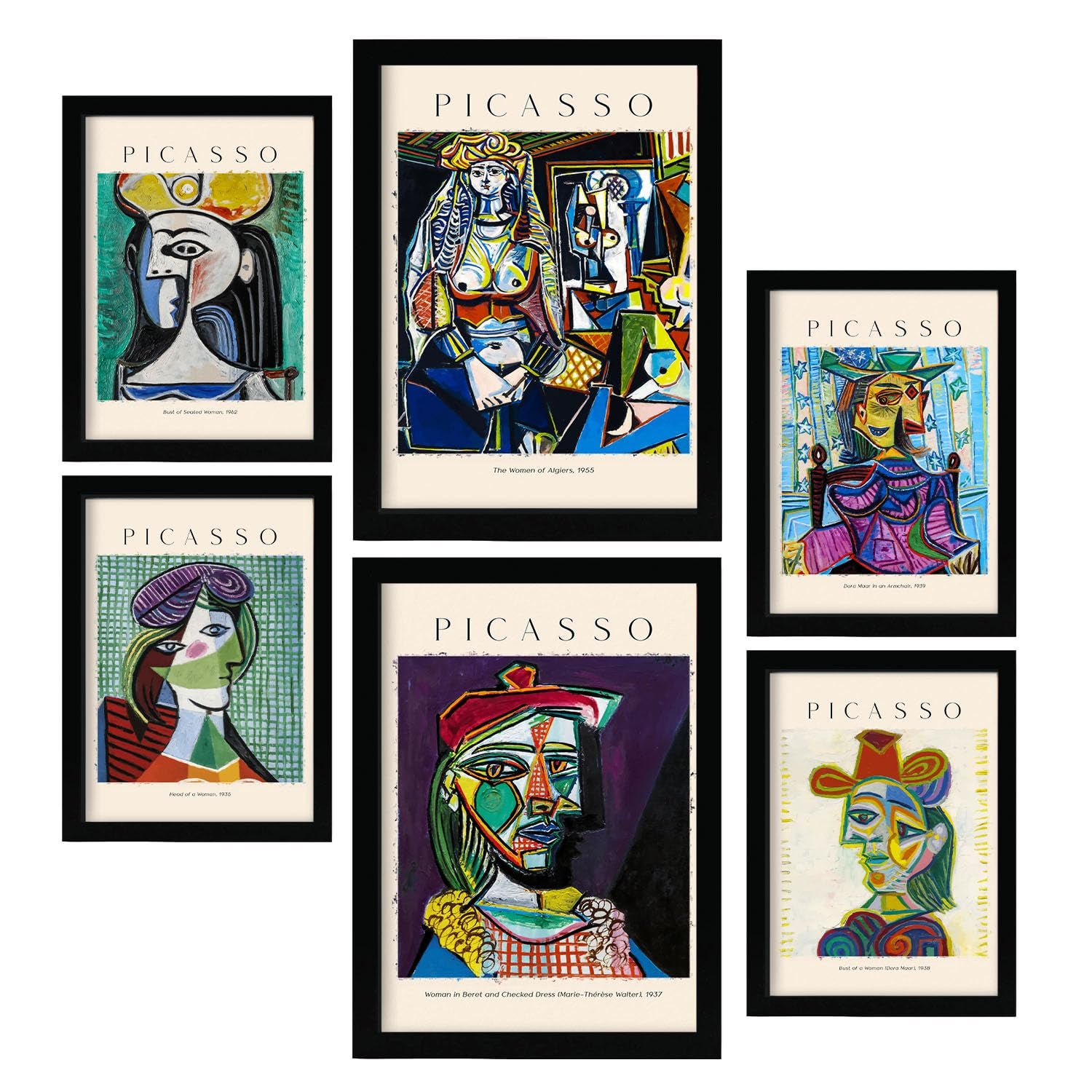 Lámina poster set 6 de picasso colección de obras de arte cuadros decorativos para tu salón hogar estampados a4 y a3 con negro marcos marco negro