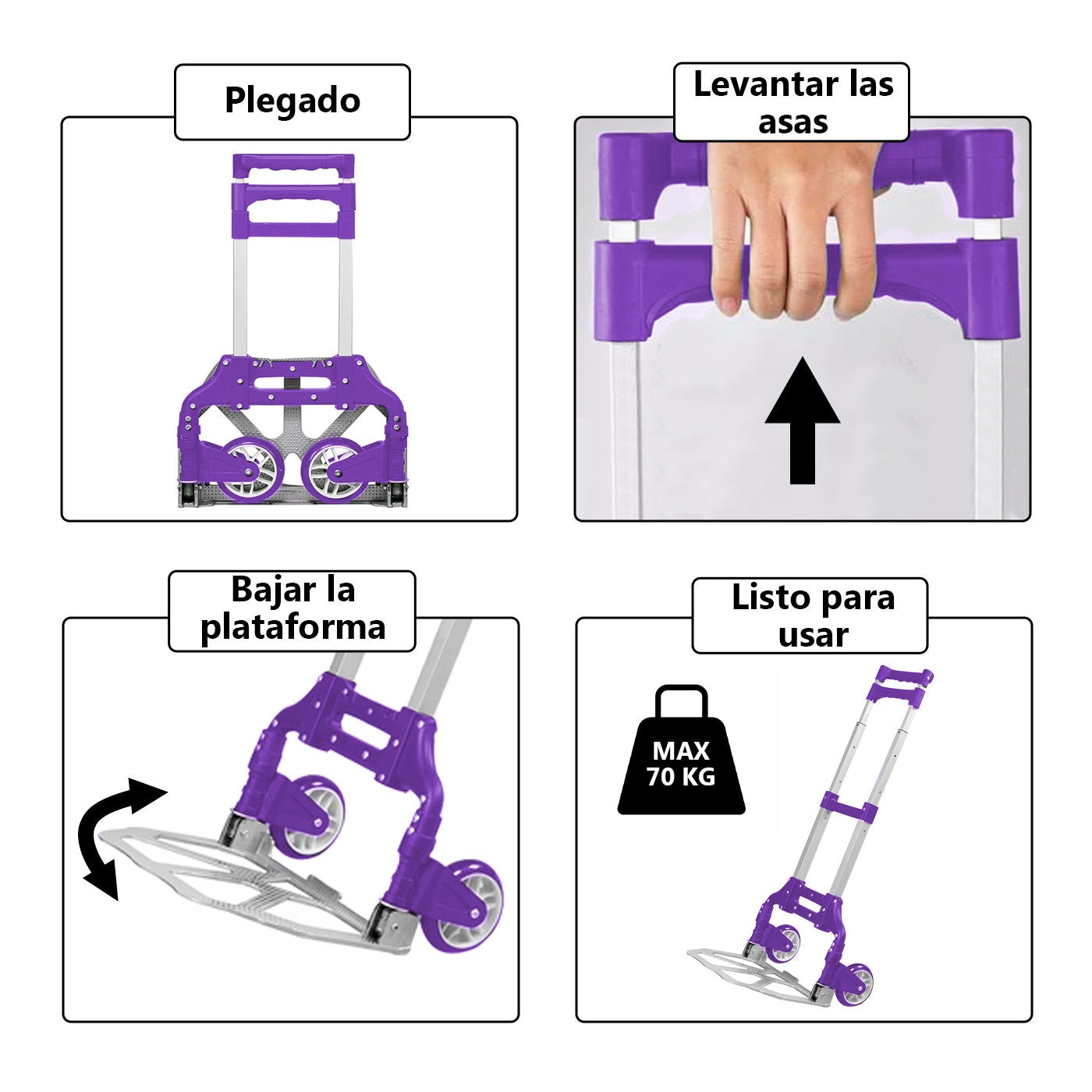 Aitsse- Carrinho de mão dobrável de alumínio + corda, suporta até 70 kg-(lilás) - 6