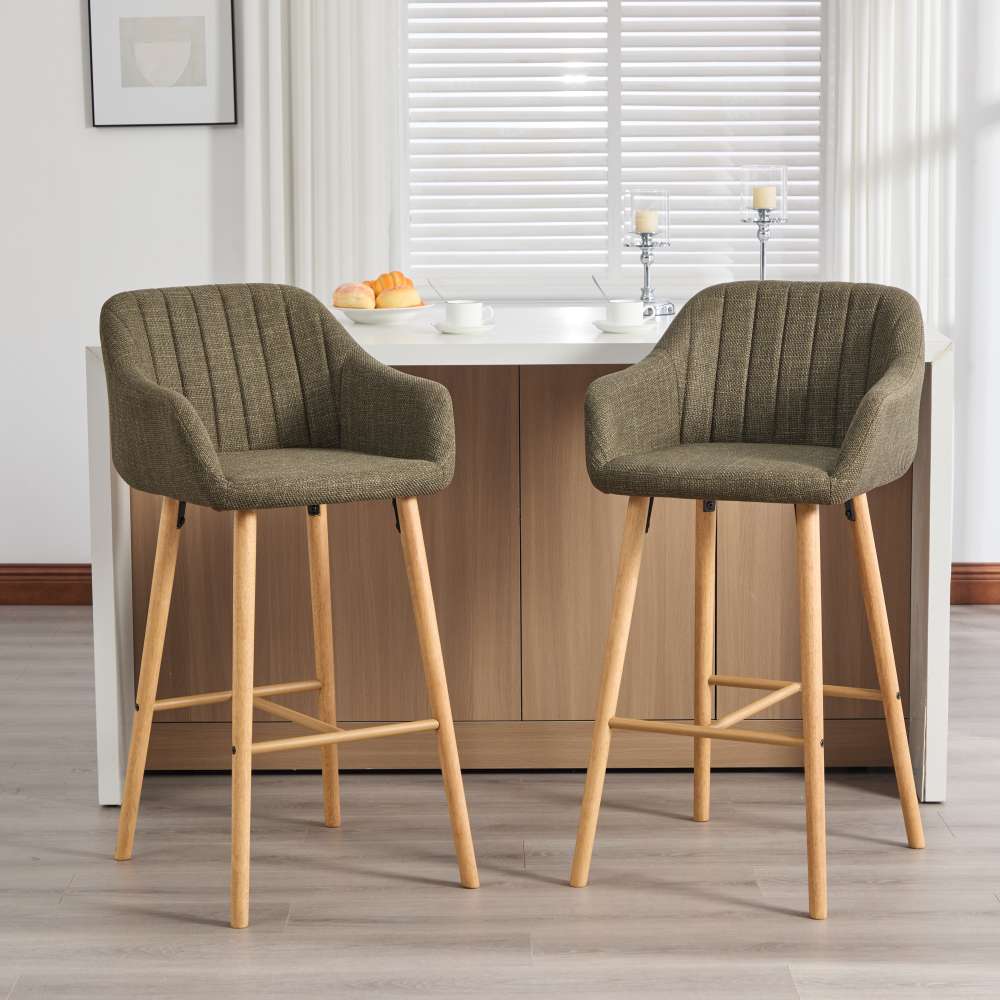 Tabouret de bar moderne vert en lin avec dossier haut et accoudoirs, pieds en bois, lot de 2, style européen pour cuisine ou îlot - 9