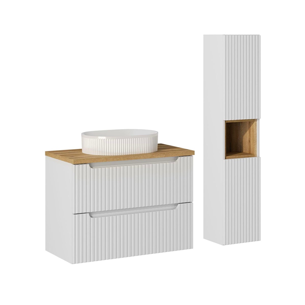 Conjunto de muebles lavabo individual 80cm 2 cajones y columna riva blanco y madera