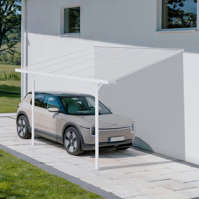 Pergola/Carport adossée 9m² KLEO 3x3m blanc - toit terrasse en aluminium et polycarbonate