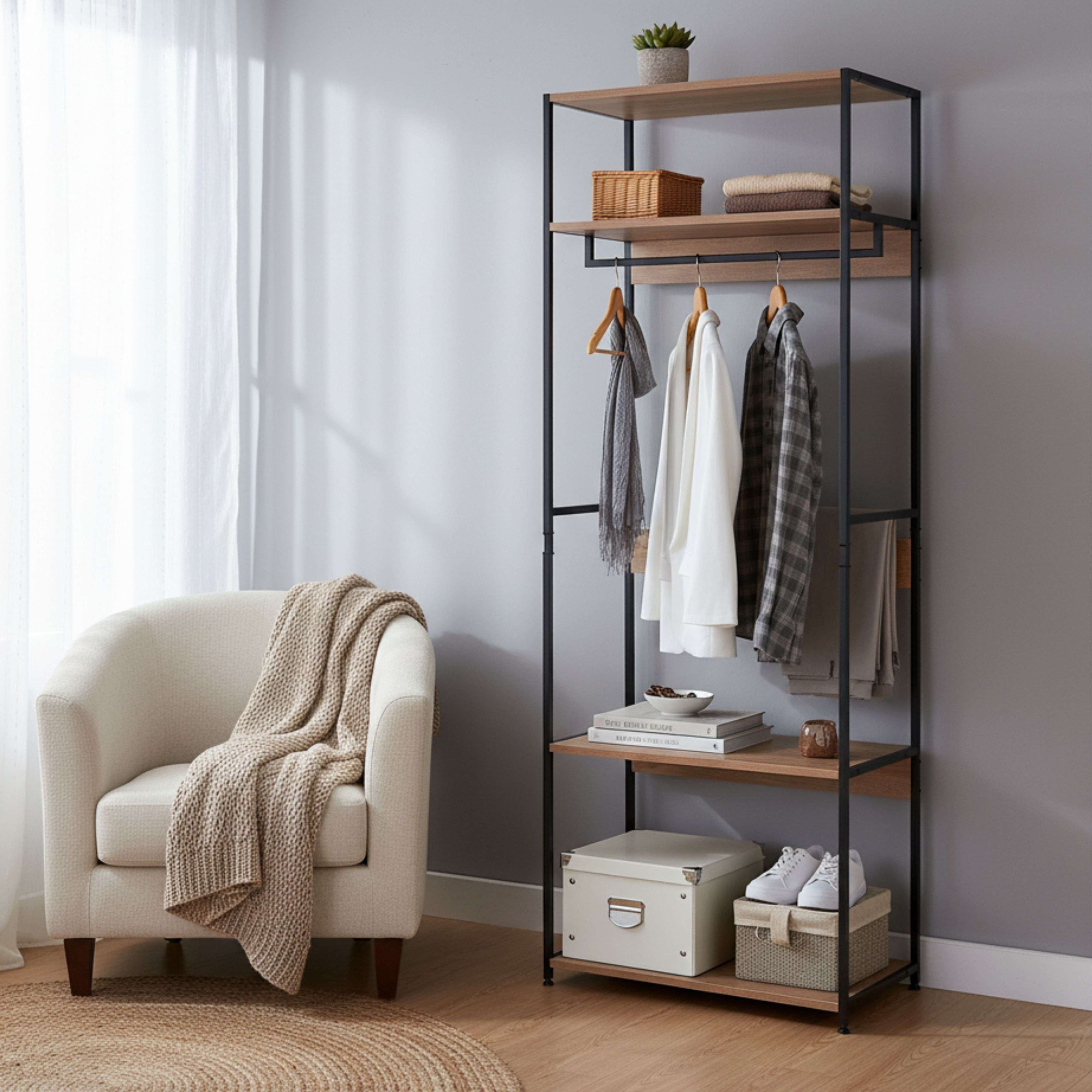 Dressing ouvert Lofi avec 3 étagères et tringle à vêtements en chêne Cambrian et noir 60 x 175 x 40 cm - 4