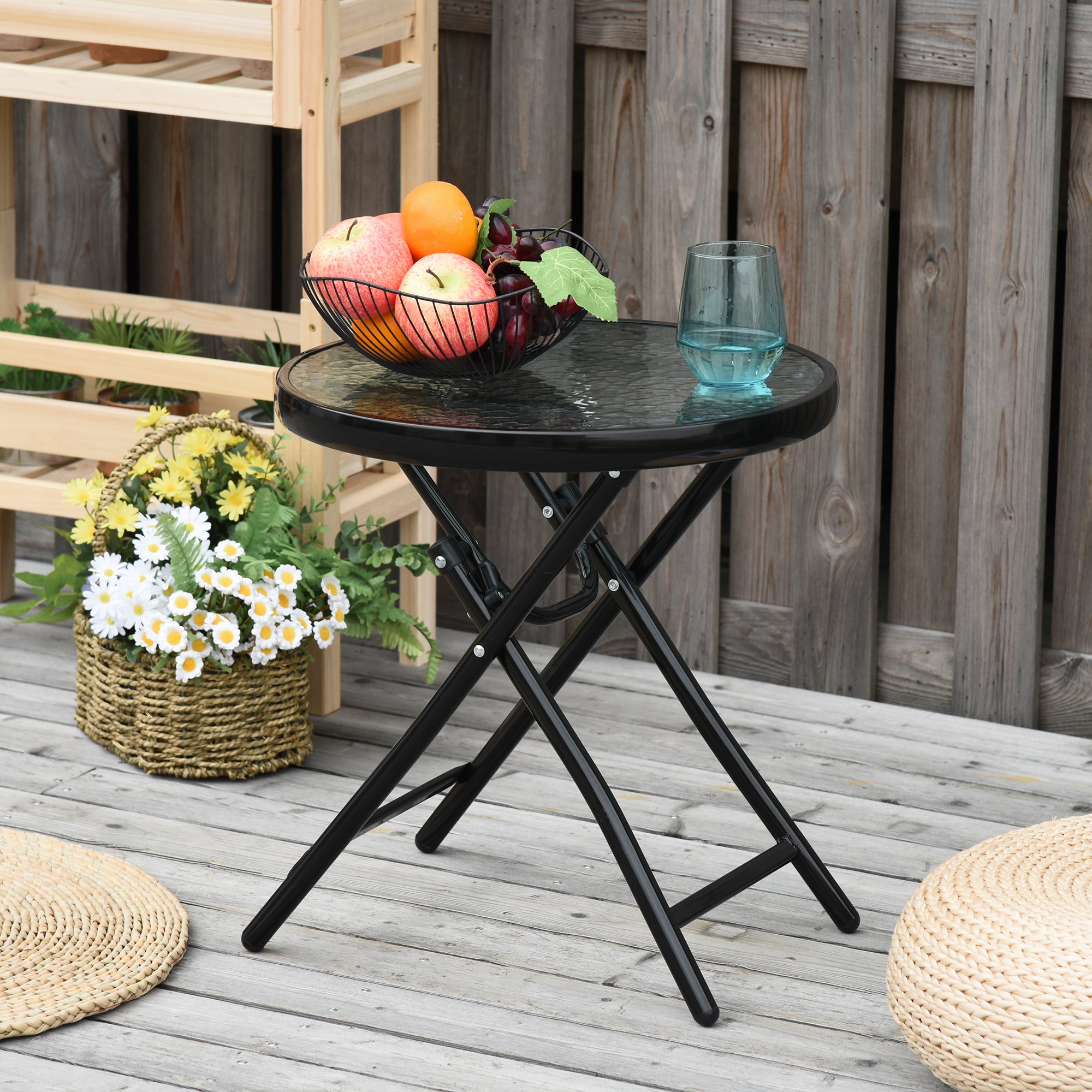 Tavolino Pieghevole Da Balcone In Vetro Temperato – 46x46x48 Cm, Nero, Senza Montaggio, Per Esterno E Interno