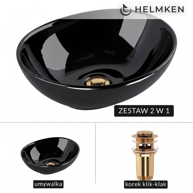 Umywalka nablatowa Helmken 65241001 (41x34) Czarna + Korek klik-klak Złoty