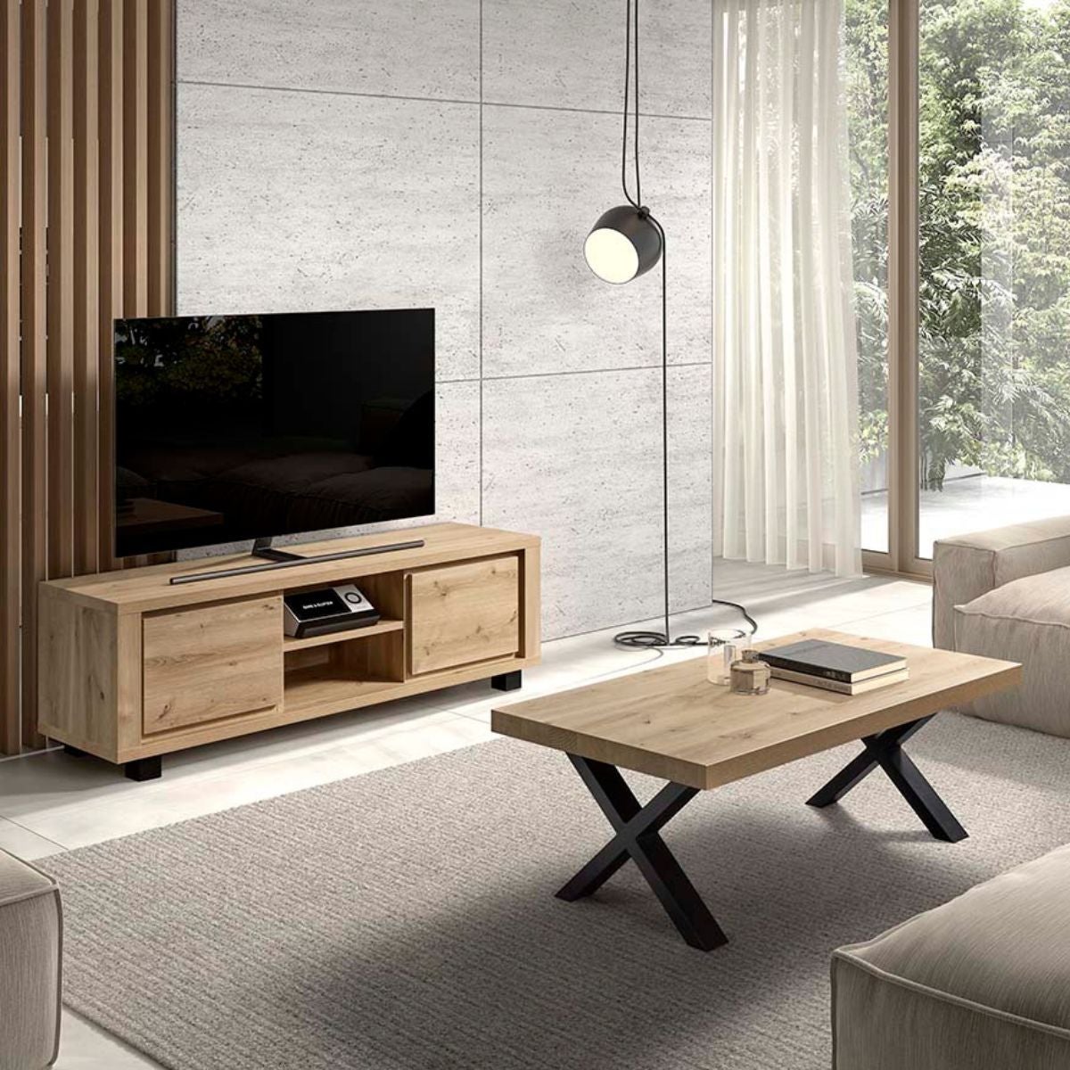 Ensemble salon table basse et meuble TV aspect bois finition Hudson Oak ...