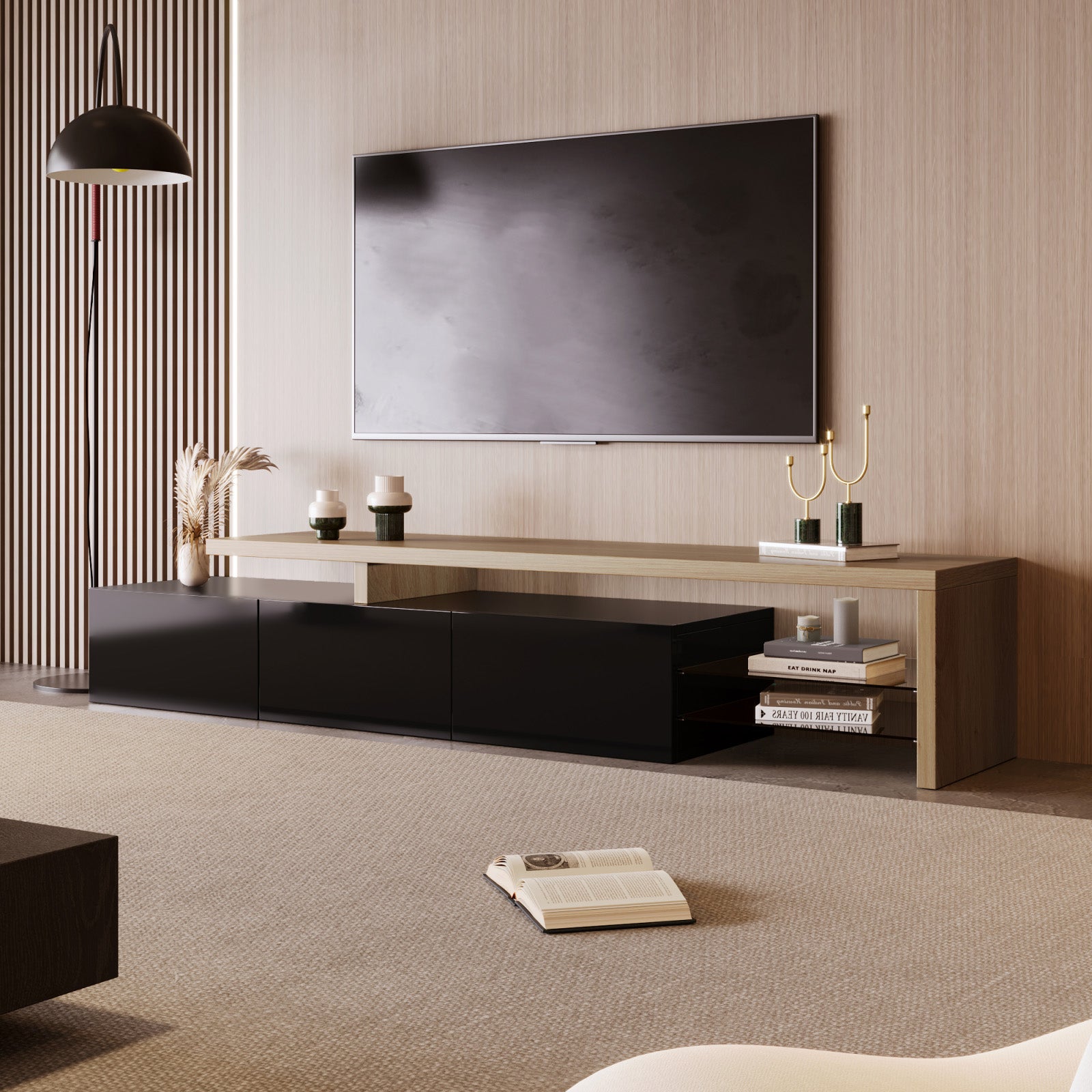 Meuble TV Moderne avec lumières LED Variables, 3 Portes et étagères en Verre – Noir - 3