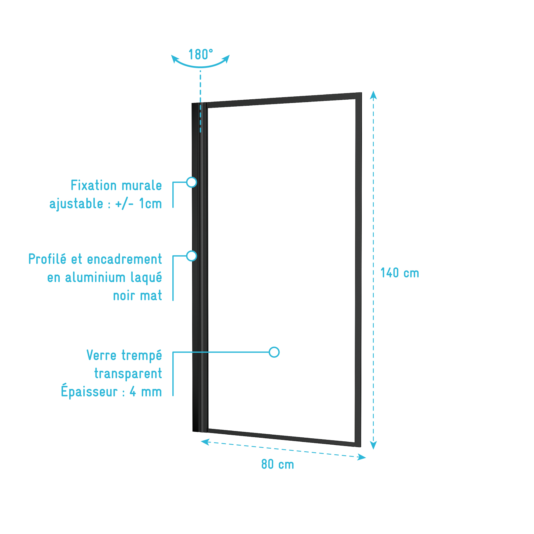 Pare baignoire rabattable 80x140cm - Finition Noir Mat - DARK CONTOURING SCREEN - 4