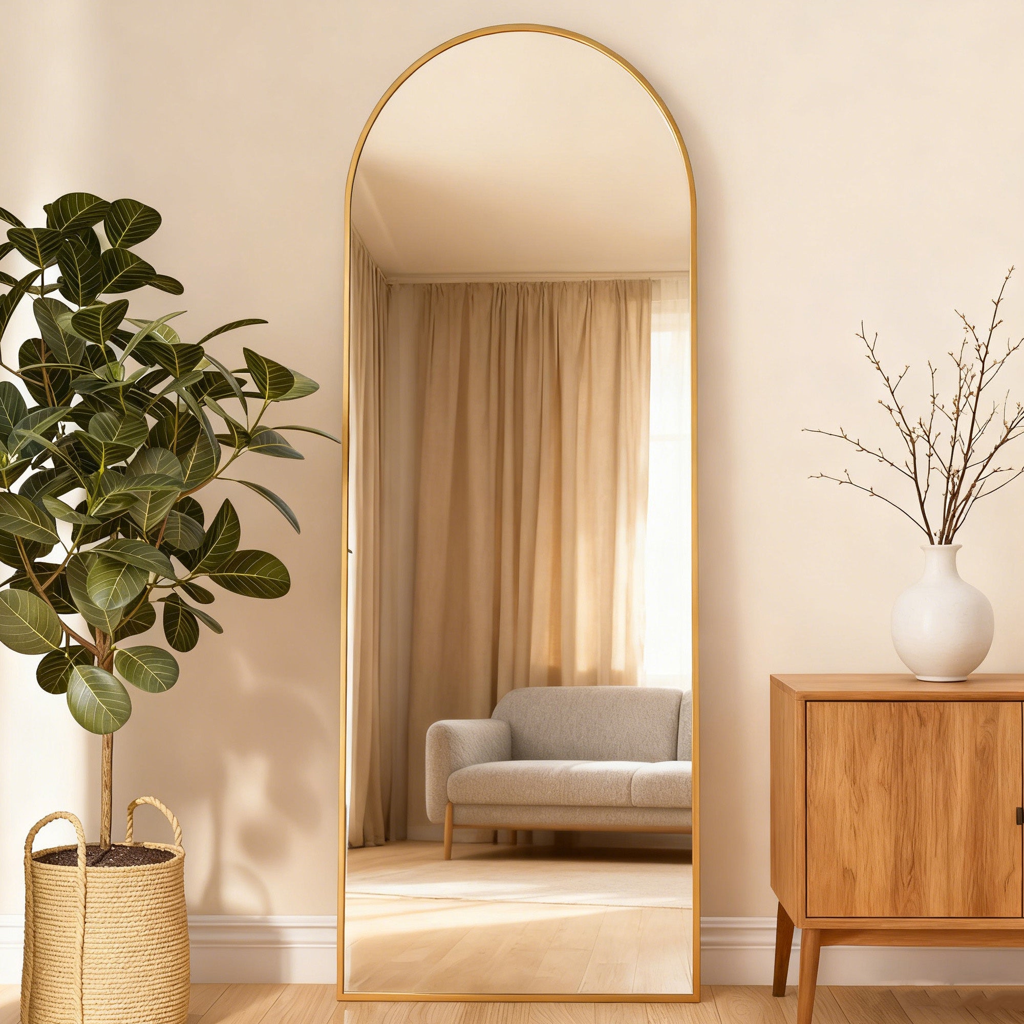 Grand miroir arche - COZY - Miroir sur pied et mural - verre trempé anti-explosion - 60x165 cm - alliage d'aluminium - rétro - doré - 2