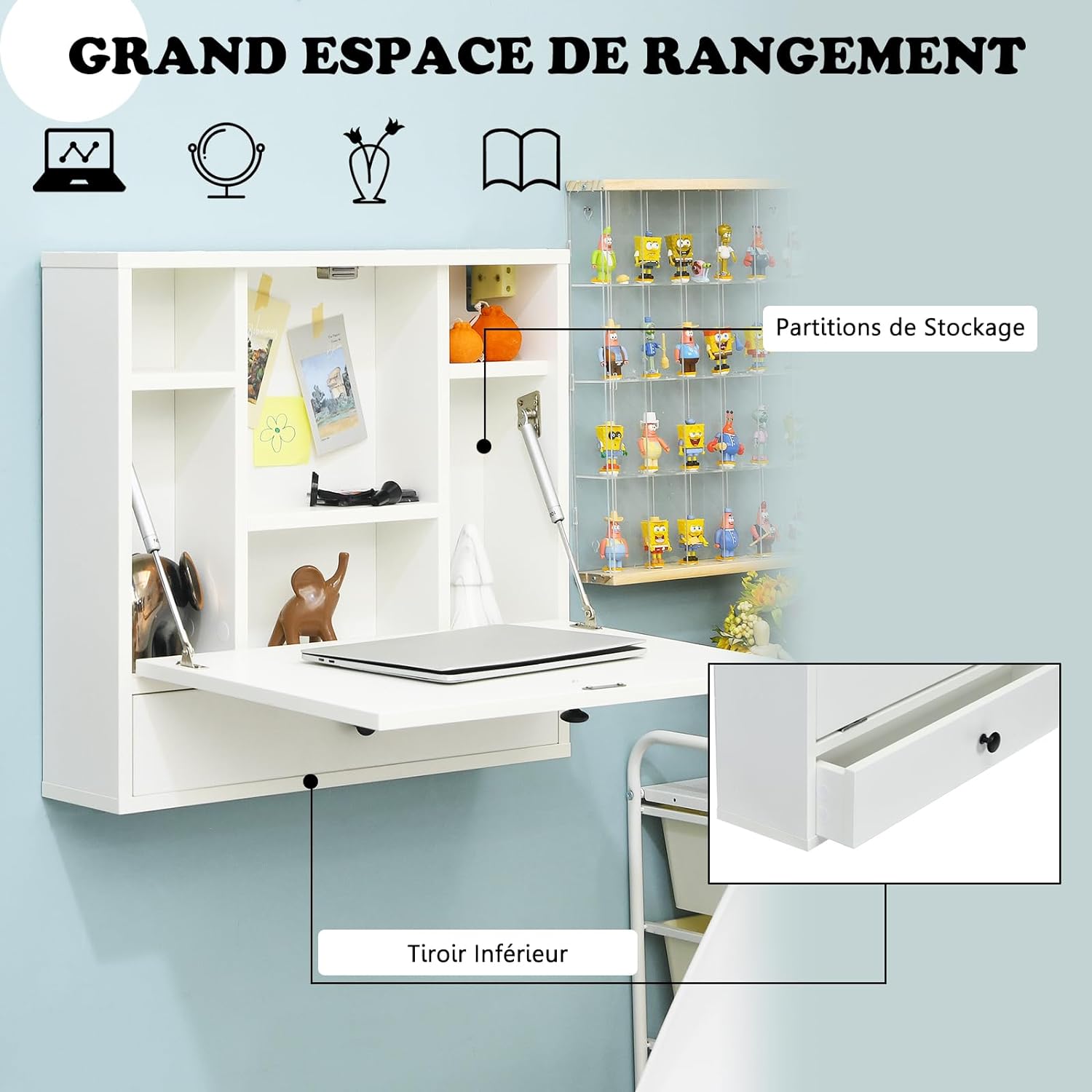 Bureau Mural Rabattable pour Ordinateur Portable, Table Murale avec Étagères Intégrée,Tiroir(Blanc) - 5