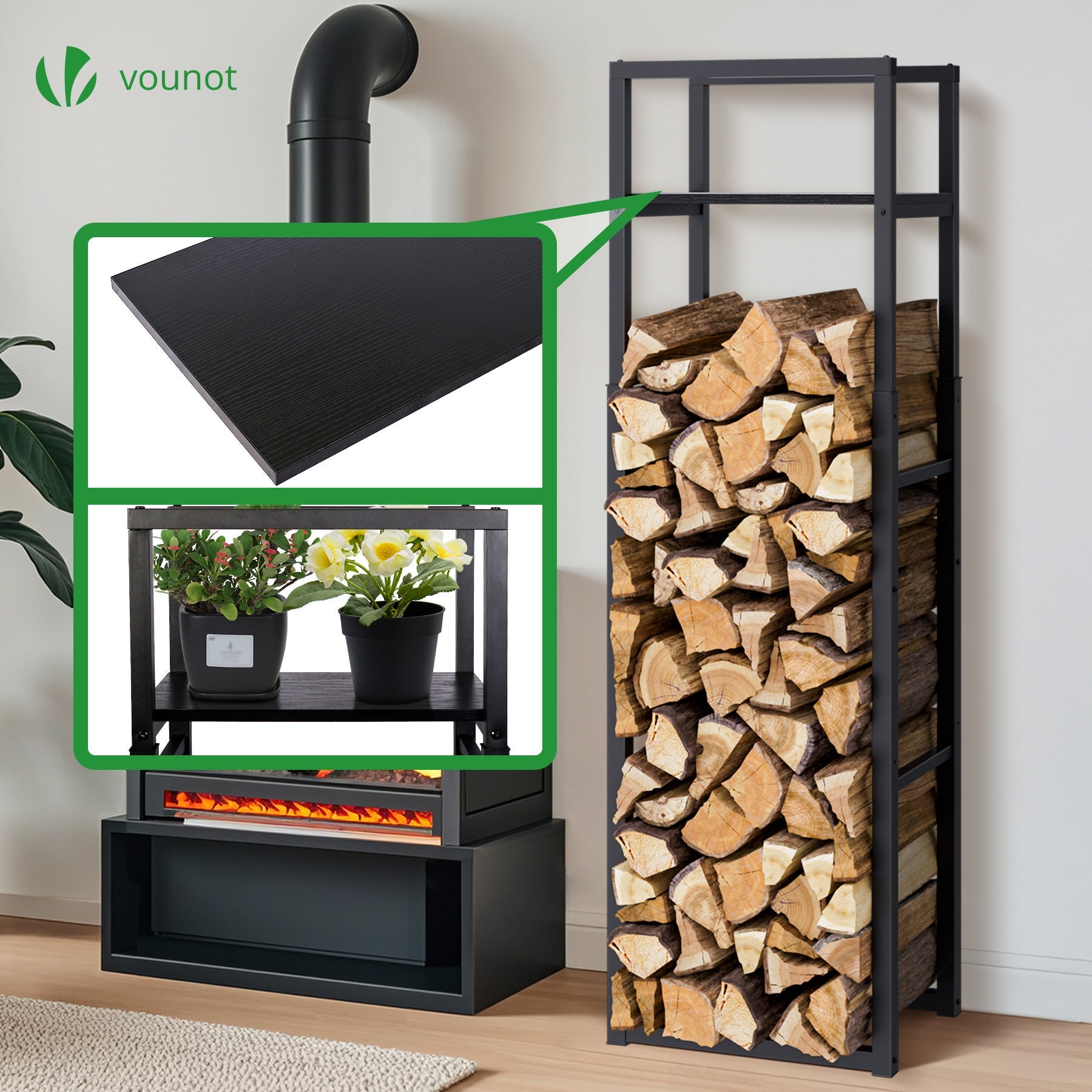 Porte bûche vertical télescopique avec étagère 45x32x170cm - métal - range bûche pour cheminée intérieur et extérieur - noir - VOUNOT® - 4