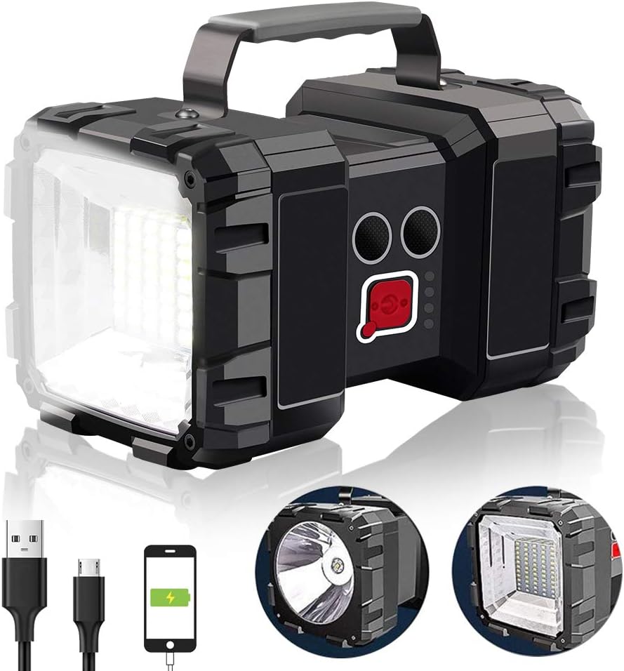Czarna latarka akumulatorowa, 24*16,5*19 cm, 1 dioda LED (XHP70 + 55 diod LED), 2 wbudowane baterie litowe 32650, bateria zewnętrzna.