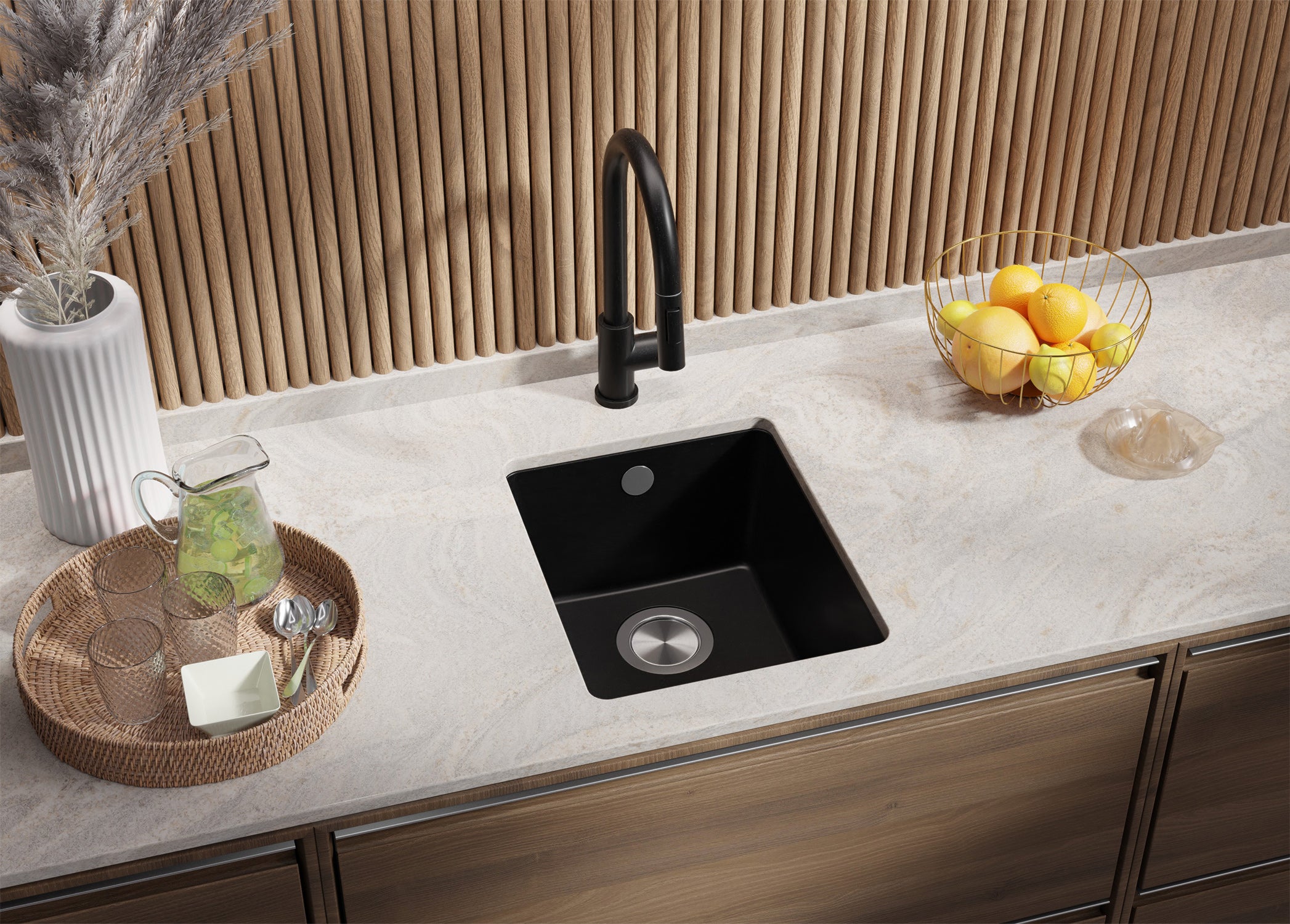 Lavandino sottotop Tutto Nero 36x44cm, Lavello in Granito a 1 vasca + Sifone Classico + Accessori, Lavabo da Cucina al mobile 40cm PRIMAGRAN - 2