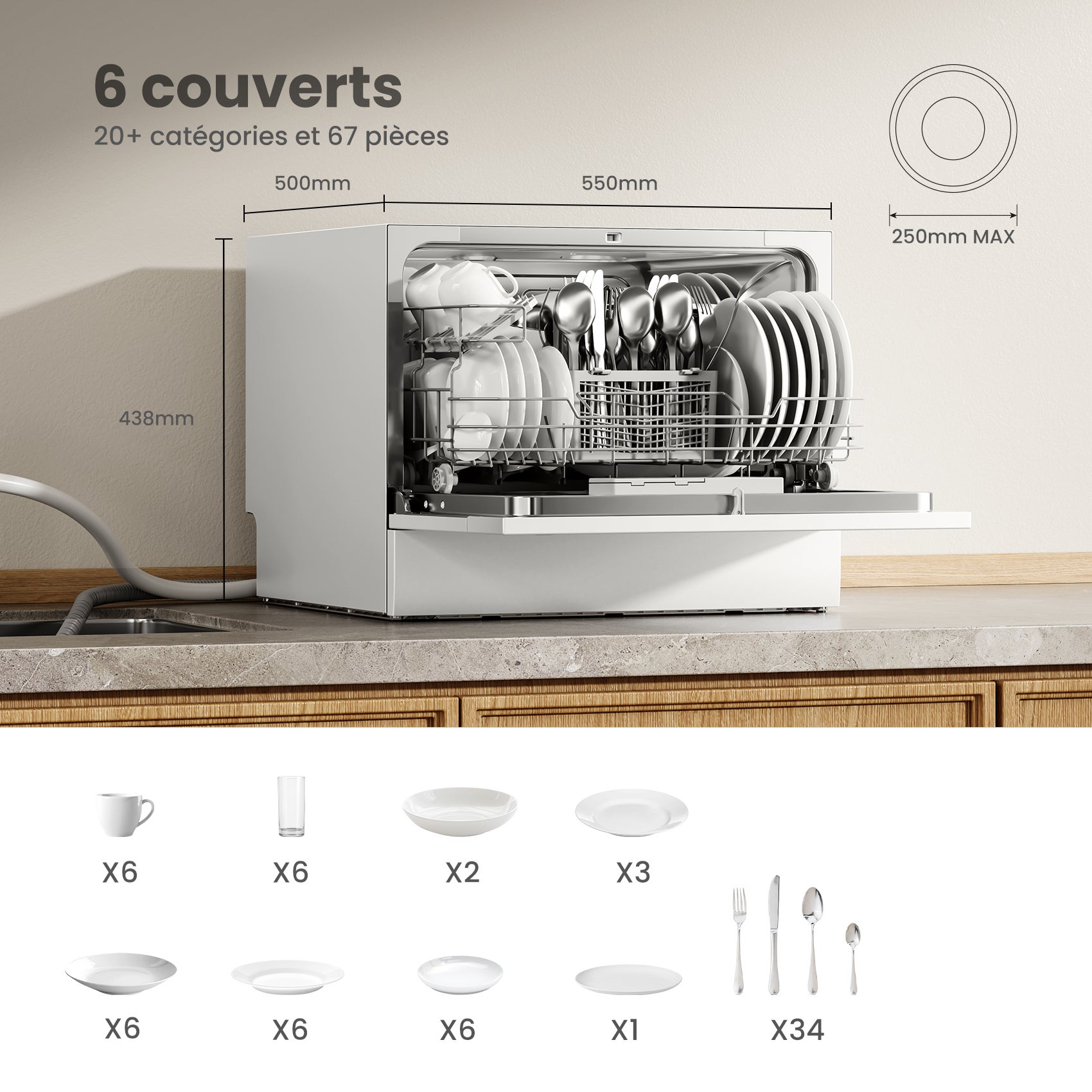 Lave-vaisselle CDWTT602EWD Comfee - pose libre L55cm 47db avec 6 couverts, 6 programmes, commande tactile affichage LED blanc, Énergique Classe D - 6