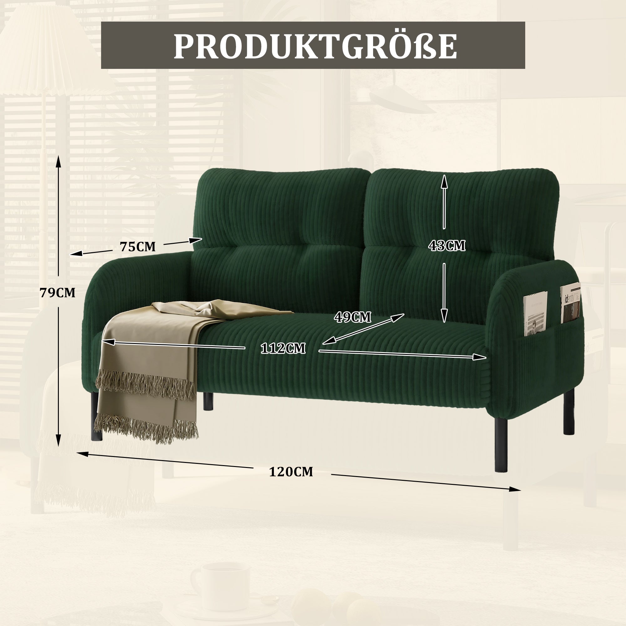 Canapé 2 places velours côtelé - Dossier haut pieds métal poches latérales pour salon/bureau - 3