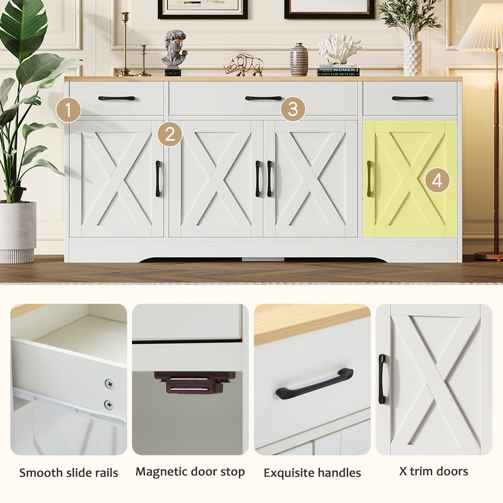 Buffet moderne avec 4 portes et 3 tiroirs - 160 x 37 x 75 cm - Bois MDF - Etagères réglables - Blanc et bois - 6