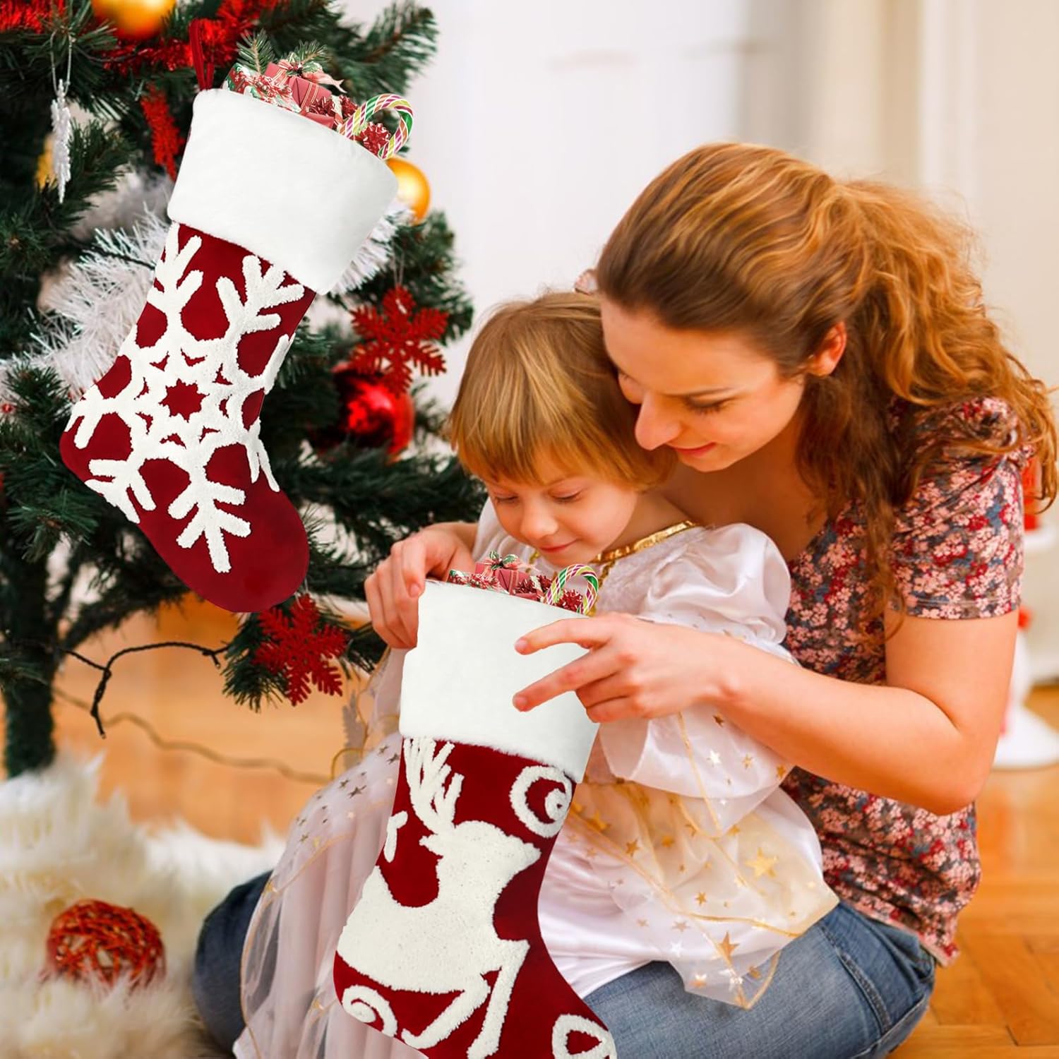 Lot de 3 Bas de Noël 44cm a Suspendre Sac Cadeau Chaussettes Bottes de Noël 3D Brodé Chaussette de Noel Décorations de Cheminée - 4