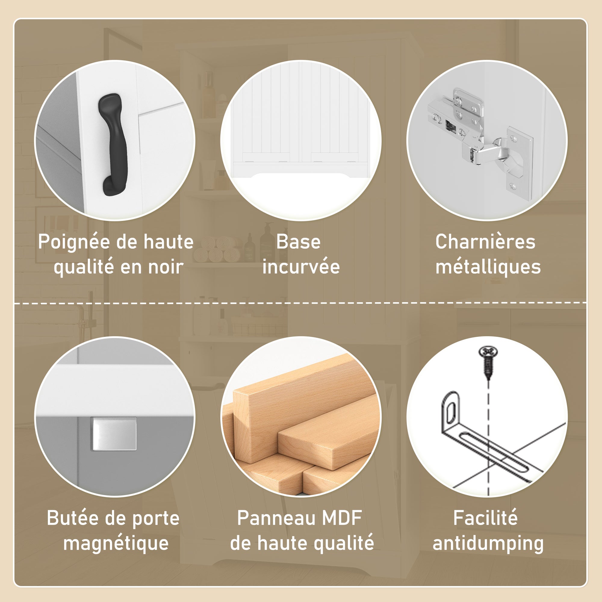 Meuble salle de bain avec 2 panier à linge, Armoire salle de bain avec 4 compartiments ouverts, Meuble colonne MDF Blanc（78x35x172cm） - 2
