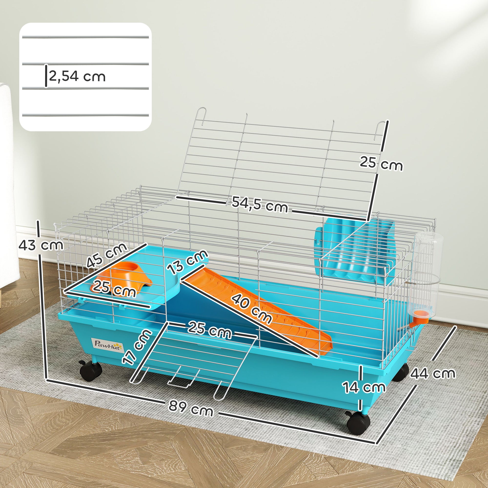Gaiola para Animais Pequenos PawHut Metal, PP Azul 89x44x43 cm - 3