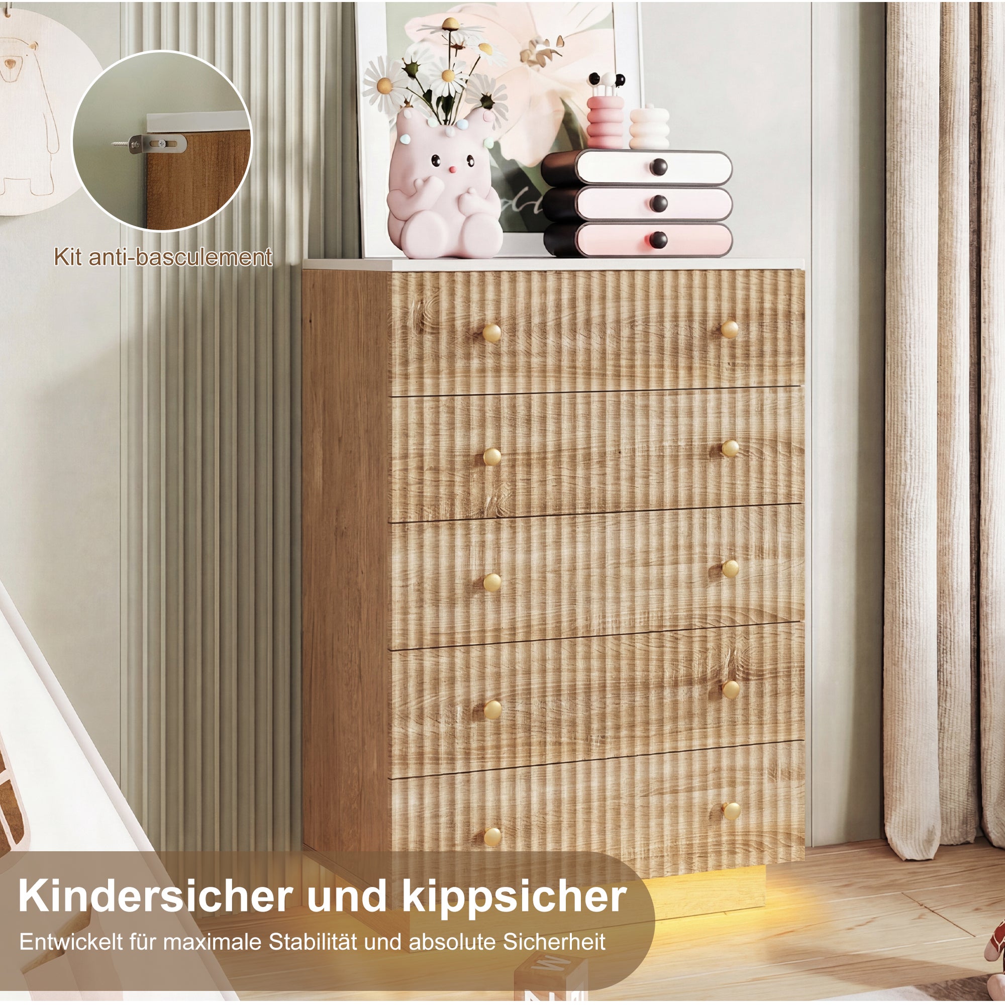 Commode 5 tiroirs - Commode Chambre Meuble de Rangement Style bohème avec Bois - table de chevet avec LED - 40 x 73 x 111 cm - Bois Naturel - 7