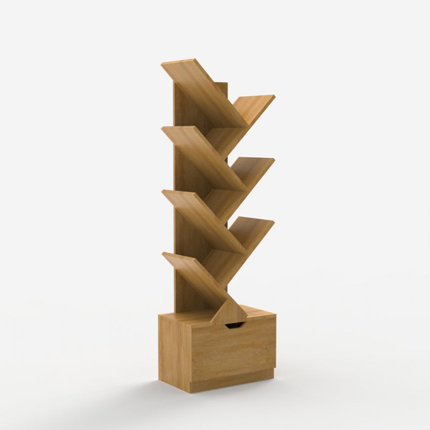 Libreria design moderno 8 scaffali cassetto soggiorno ufficio Treebook 120 - Legno Naturale - 4