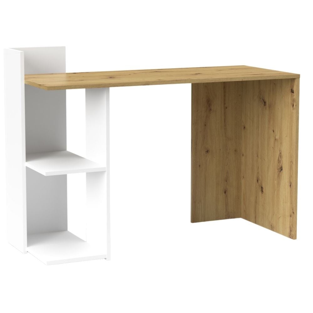 Bureau Ordinateur Blanc Et Doré 140 Cm - Table Métal Et Bois - Design Moderne Pour Chambre, Bureau