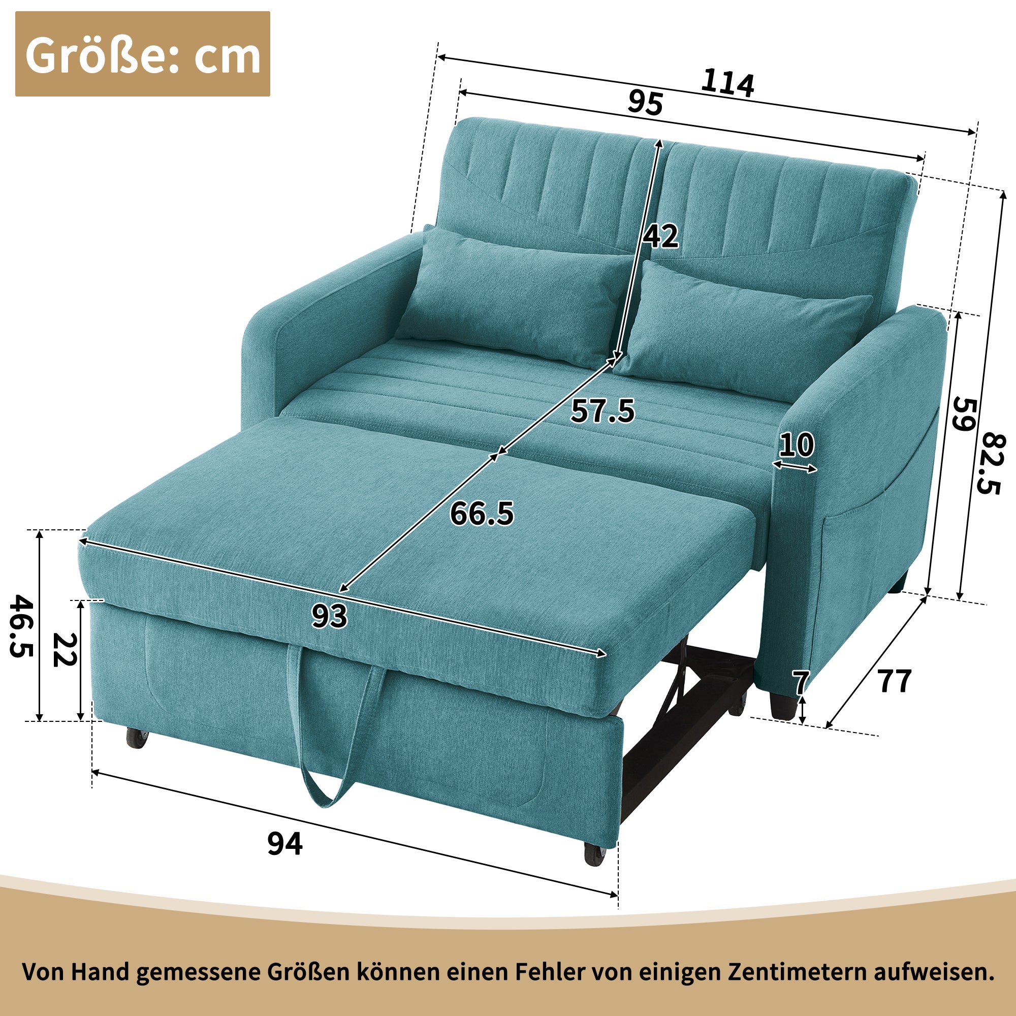 Sofa 2-osobowa rozkładana z 3-stopniową regulacją oparcia - 114 x 77 x 82,5 cm - Tkanina bawełniano-lniana - Niebieska - 8