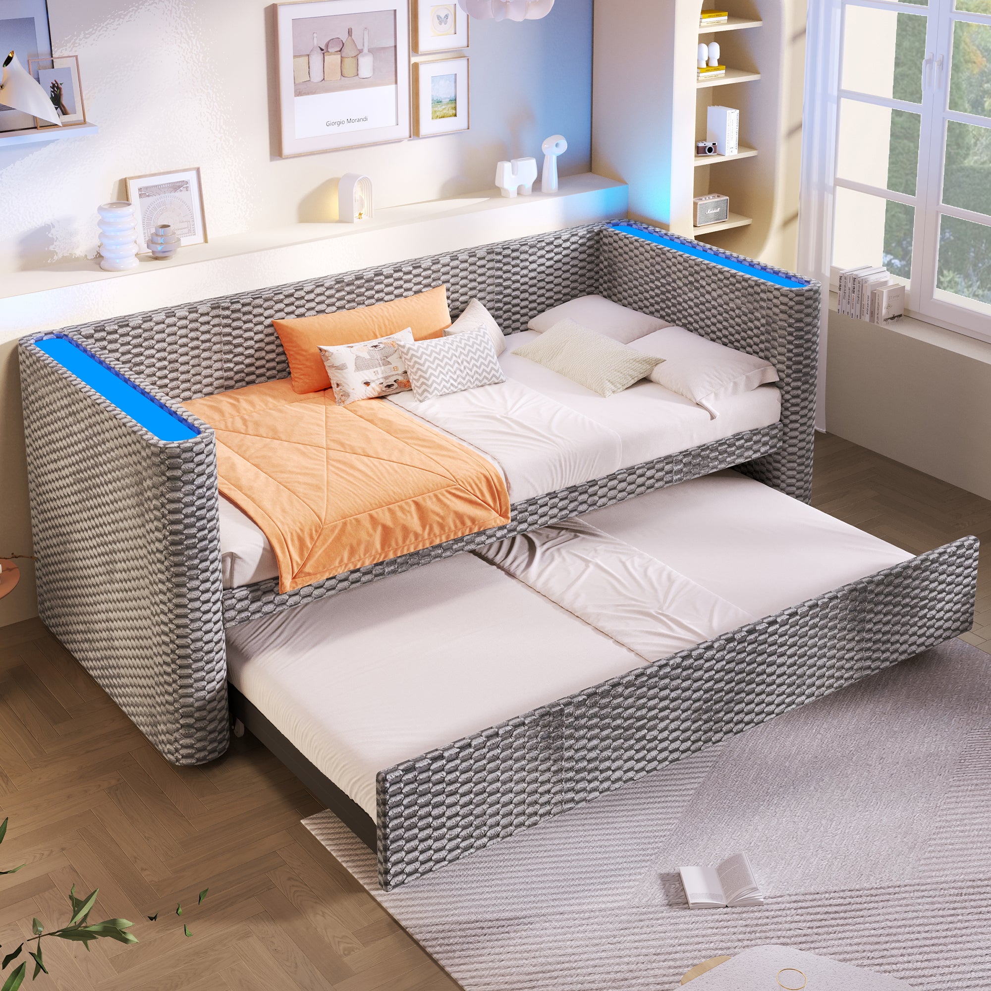 Rozkładana sofa 90/180x200cm - z wysuwane łóżko - z listwą LED - z stelażem lamelowym - welur - szary (materac nie jest wliczony w cenę) - 4