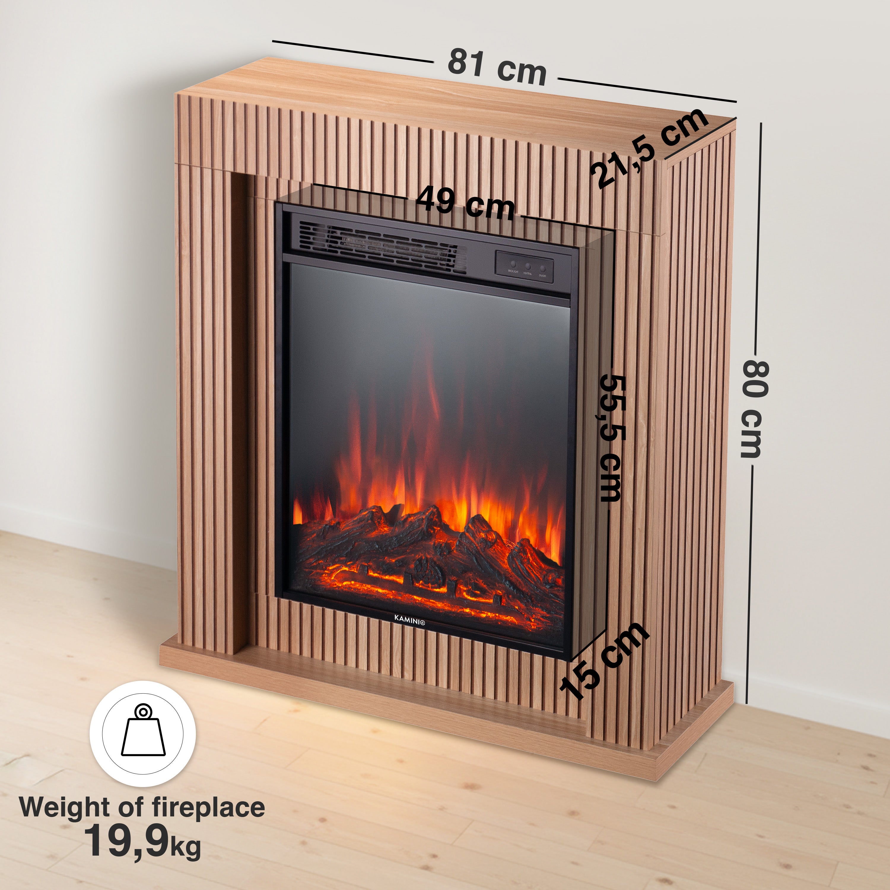 KAMINIO Cheminée électrique MATTI - Cheminée sur pied avec chauffage, effet de flamme 3D, lumière d'ambiance LED, télécommande - 32 pouces, Panneau - 6