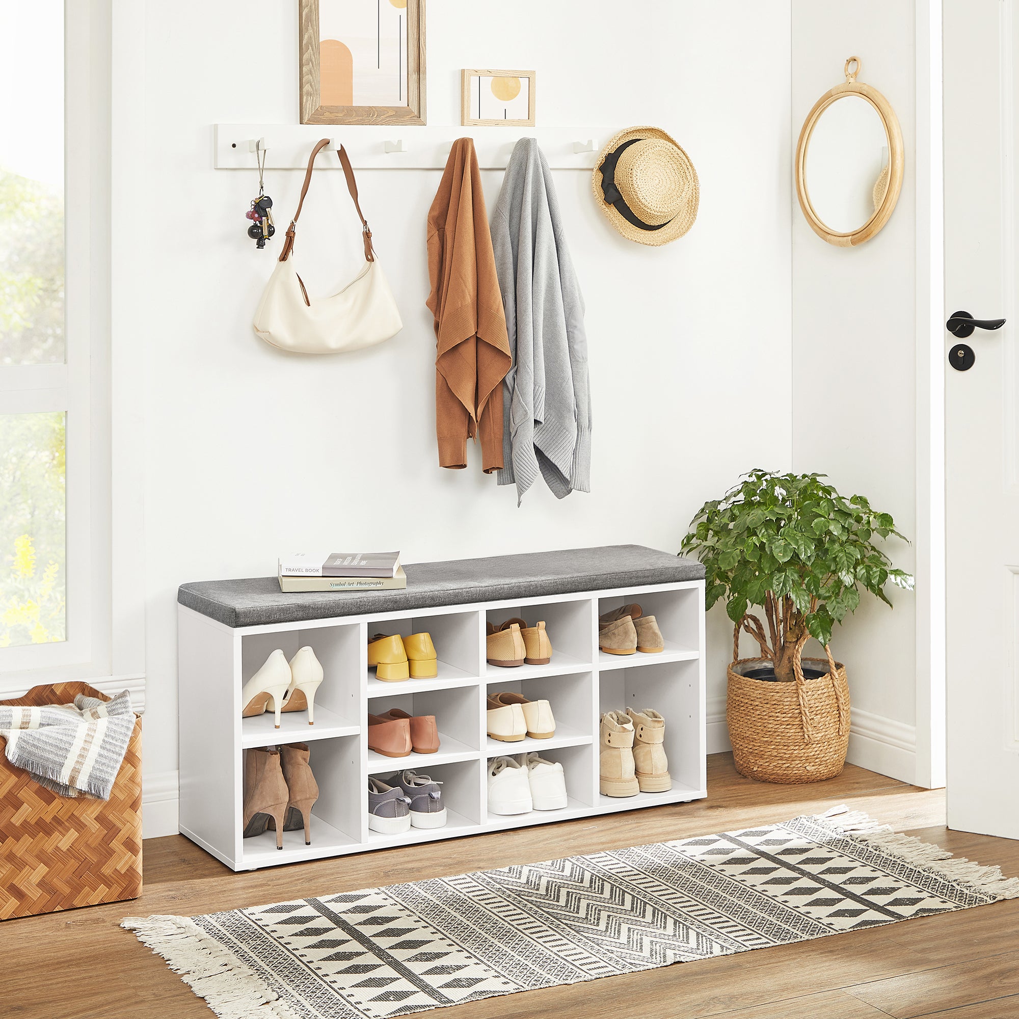 Meuble À Chaussures, Banc d'entrée Avec 10 Compartiments, 104 x 30 x 48 cm, Blanc - 2