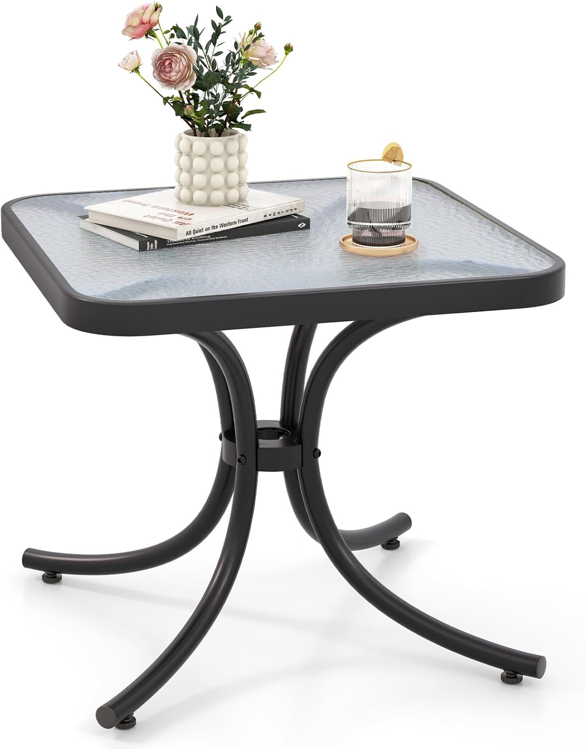Mesă de grădină cu plato din sticlă încălzită, masă de patio pătrată 50x50x45cm cu cadru metalic robust, masă compactă interioară exterioară