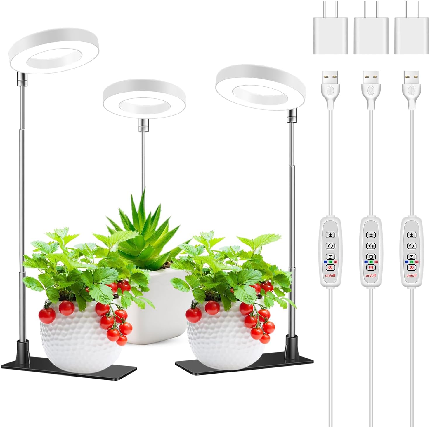 Biała lampa do uprawy roślin z teleskopowym drążkiem 16-65 cm, 3 z zasilaczem, ciepłe białe światło, ustawienie timera