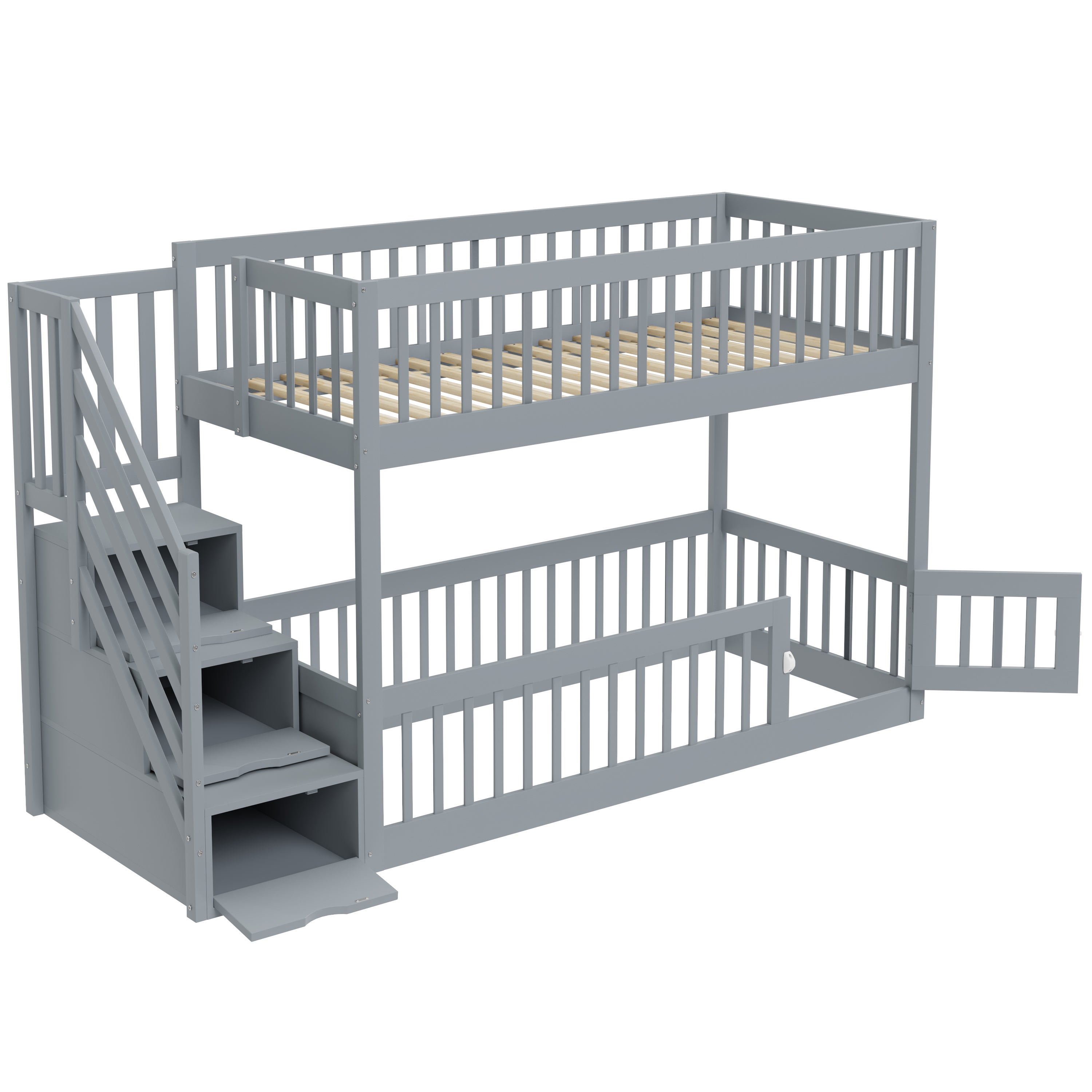 Lit superposé 90x200cm - avec escalier de sécurité - avec 3 tiroirs - Gris (matelas non inclus) - 6