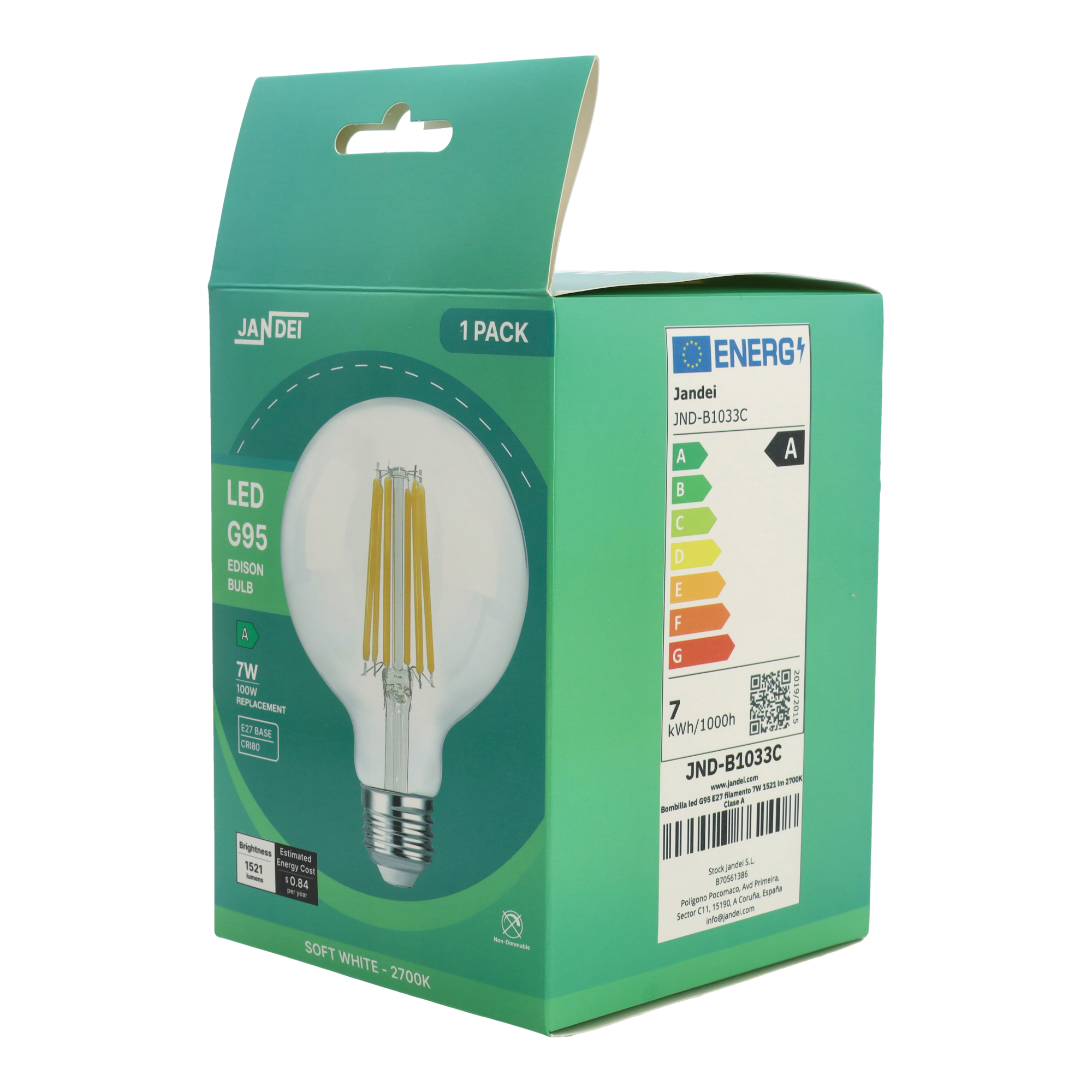 Jandei Ampoule à Led G125 E27 Globe avec Filament 7W 1521Lm Transparent et Vintage. Lumière chaude 2700K - 6