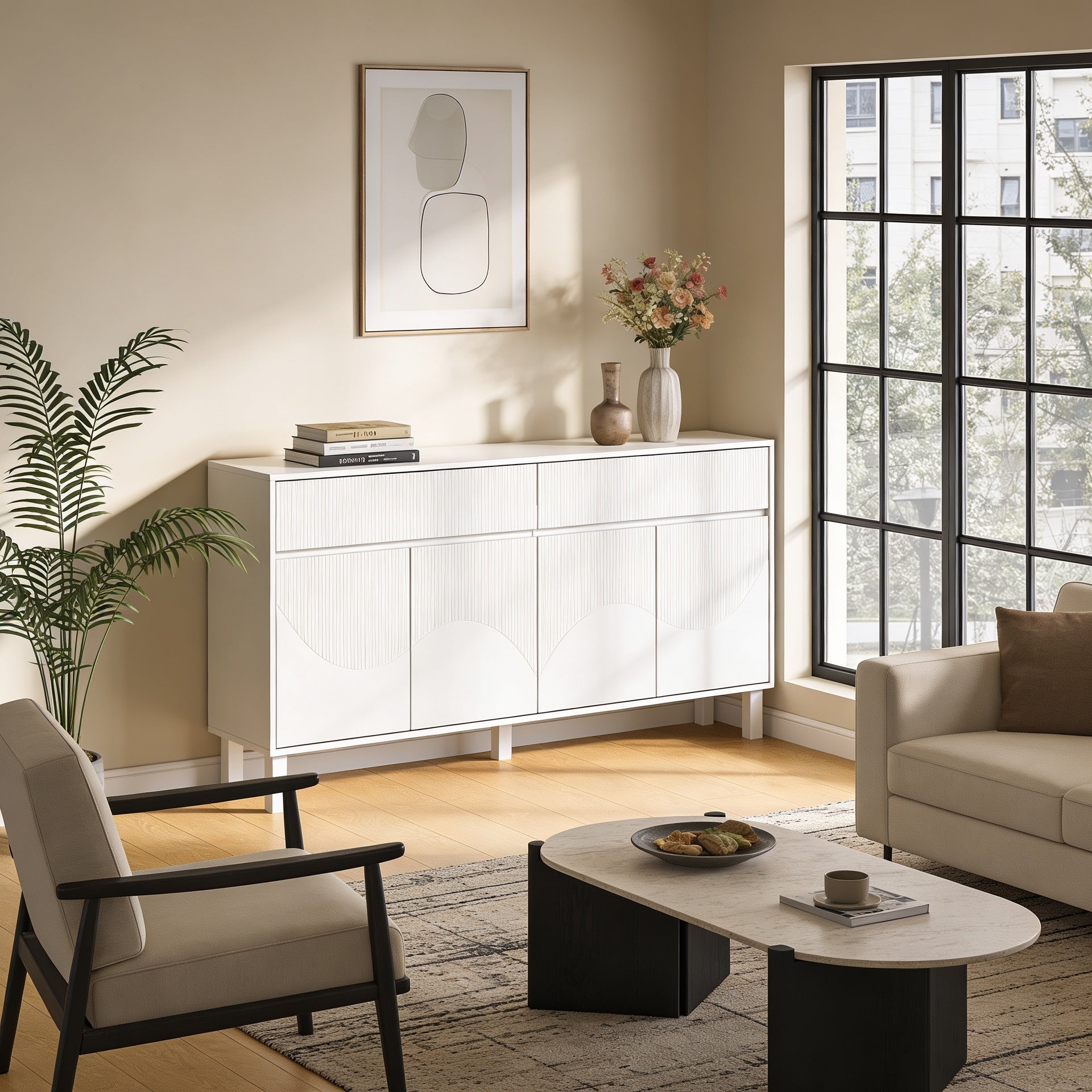 Buffet moderne-CALDION-Buffet sculpté avec 2 Tiroirs et 4 Portes, Pieds Hauts, 160x40x75, Blanc - 7