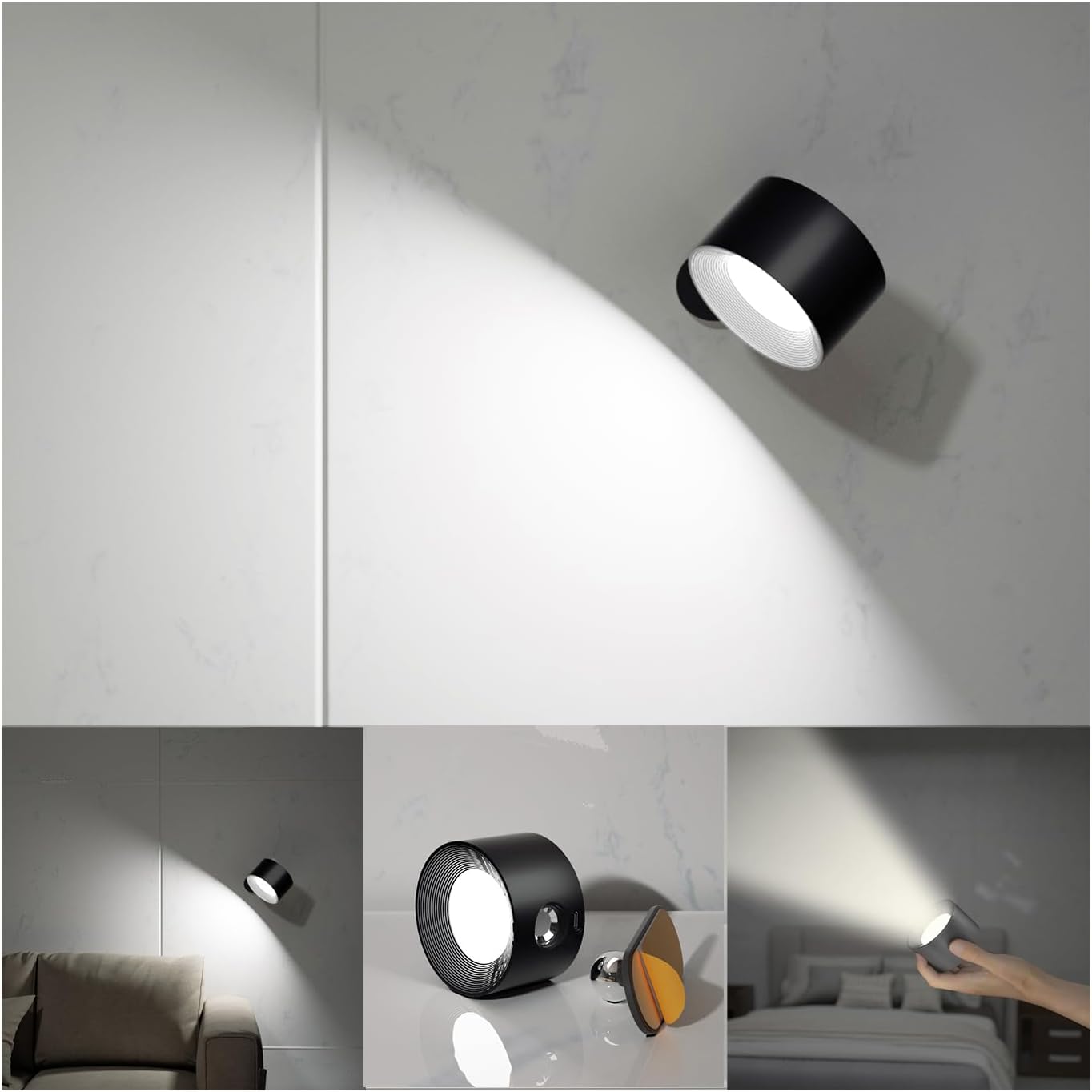 Kinkiety LED do czytania, lampy ścienne z 3 poziomami jasności, akumulator, obrotowe sterowanie dotykowe 360°