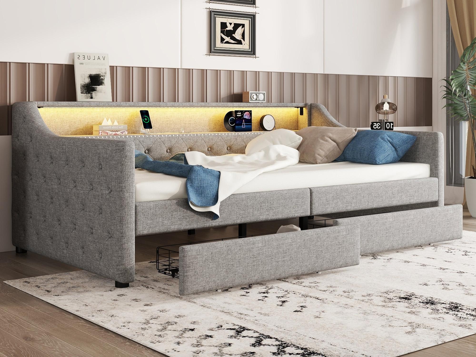 Pojedyncze łóżko w pościeli 90x200cm z LED - 2 szuflady i porty USB - z listwową podstawą - Szary