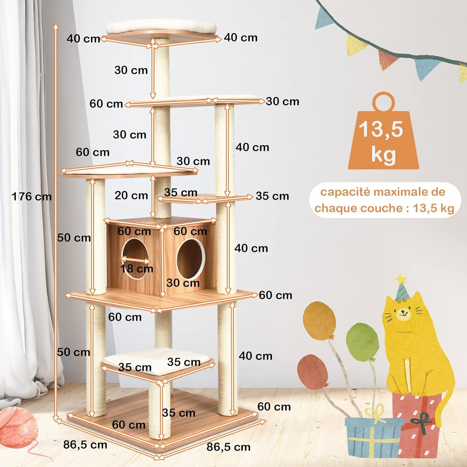 Árbol para Gatos de Madera de XXL 175 CM, Torre para Gatos de 6 Niveles con Poste Rascador de Sisal, Diseño Antivuelco, Cojines Cómodos, 59×49×140CM - 7