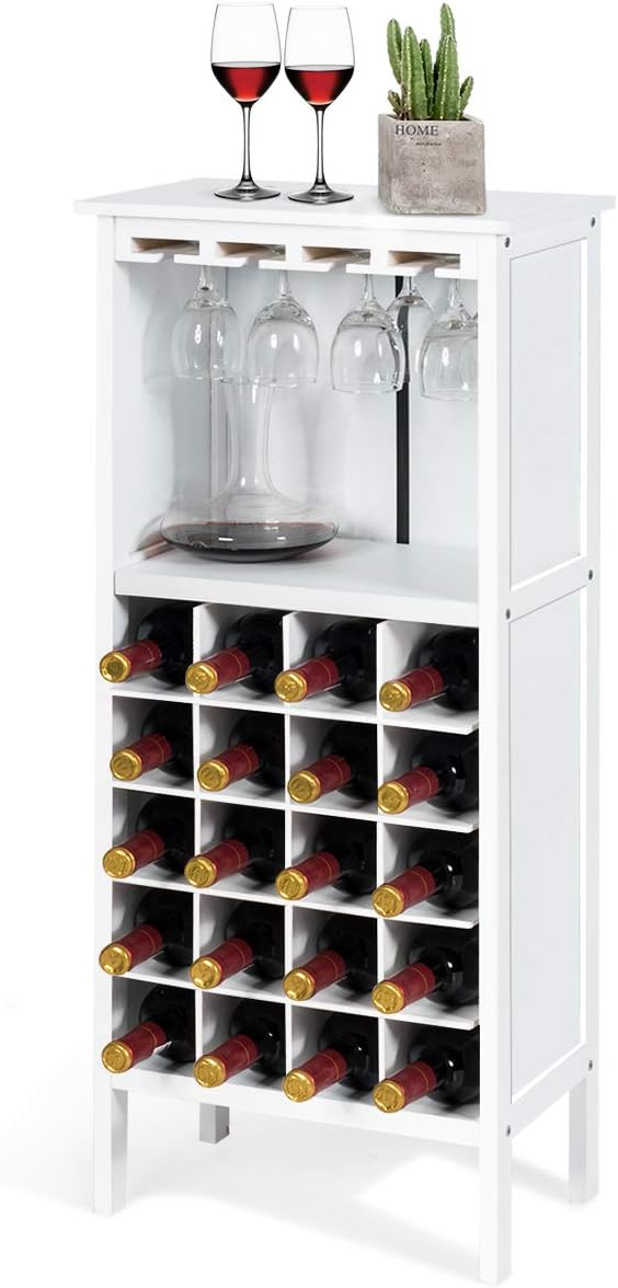 Szafka na wino na 20 butelek, drewniany regał na wino z uchwytem na szkło, regał na butelki, stojak na wino do kuchni, 42 x 24,5 x 96 cm (biała)