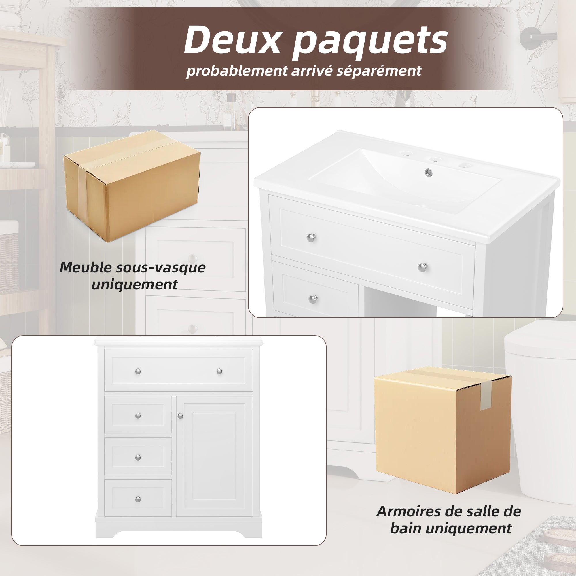 Meuble de salle de bain sur pied avec vasque intégrée (sans robinet), meuble bas avec vasque en céramique - 2 portes et 3 tiroirs - 76x46x87 cm -Blanc - 7