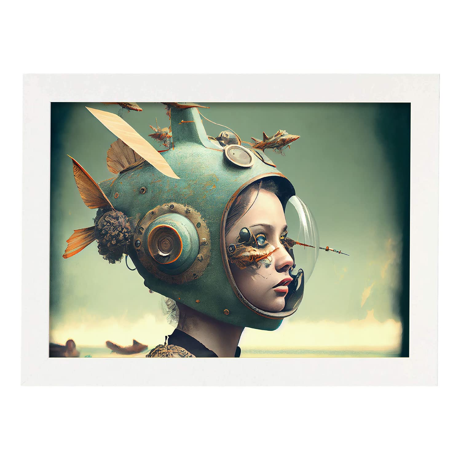 Nacnic poster casco submarino en estilo surrealismo cinematográfico ilustraciones y grabados de historieta abstracta y artística para a3 marcos blanco
