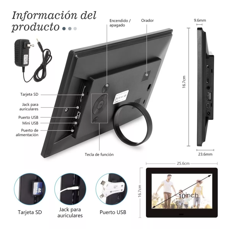 Cadre photo électronique numérique de 10,1 pouces avec lecteur MP3/4 pistes et écran LED. - 3