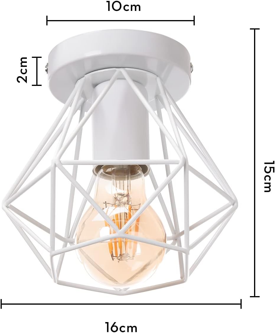 Plafonnier industrielle cage en métal fer forge, retro suspension luminaire lustre style vintage lampe de plafond, E27 base Ø16cm - Blanc - 5