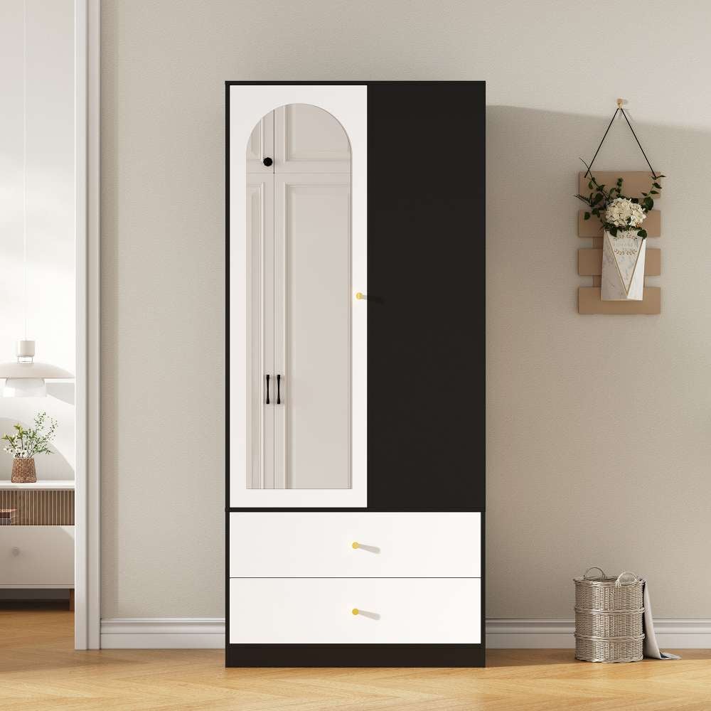 Armoire avec miroir et 1 porte, garde-robe moderne avec 2 tiroirs et 4 étagères, idéale pour rangement dans la chambre, blanc et noir, 80x40x180 cm - 6
